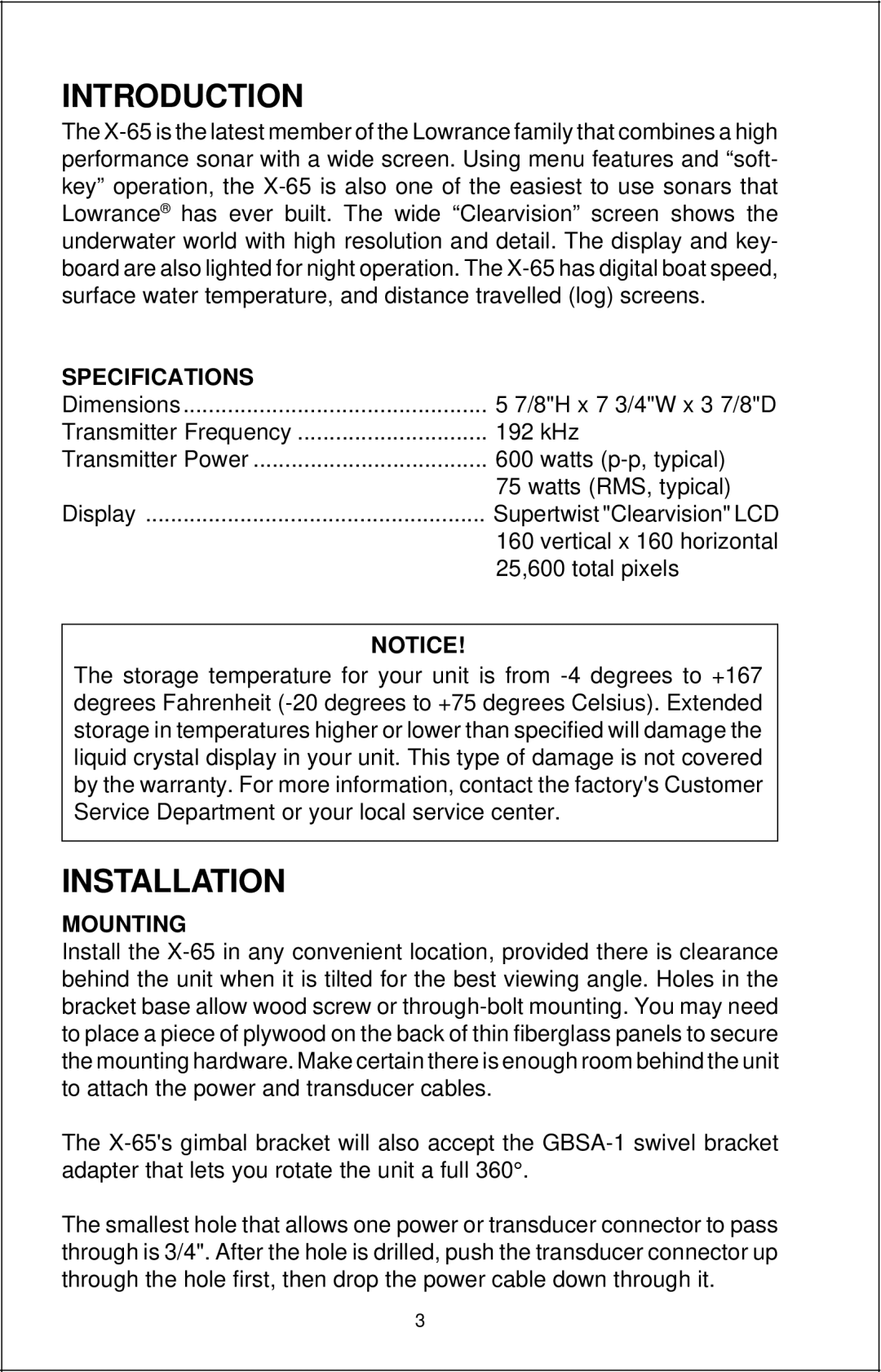 Lowrance electronic X-65 manual Specifications, Mounting 