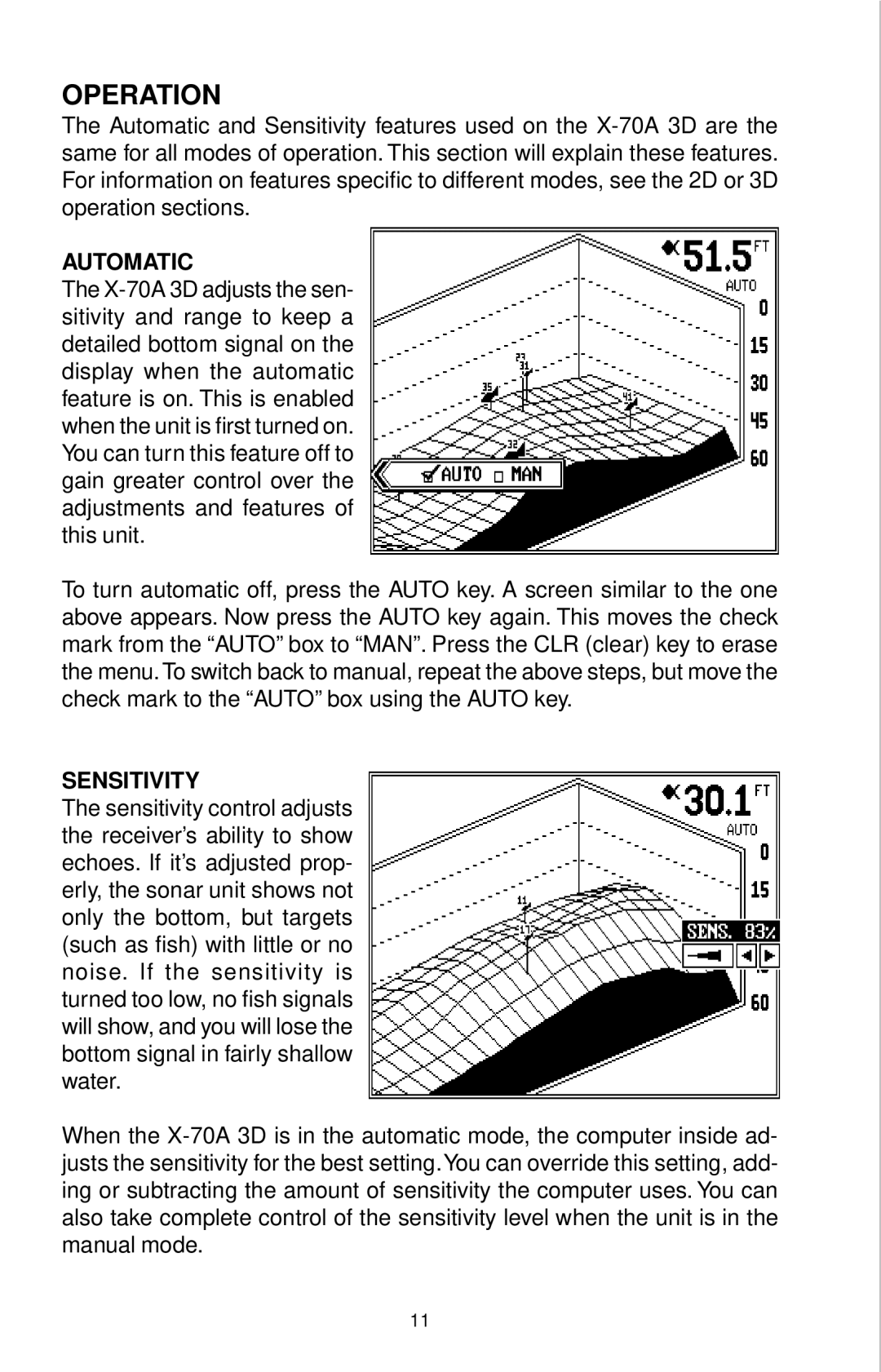 Lowrance electronic X-70A 3D manual Operation, Automatic, Sensitivity 