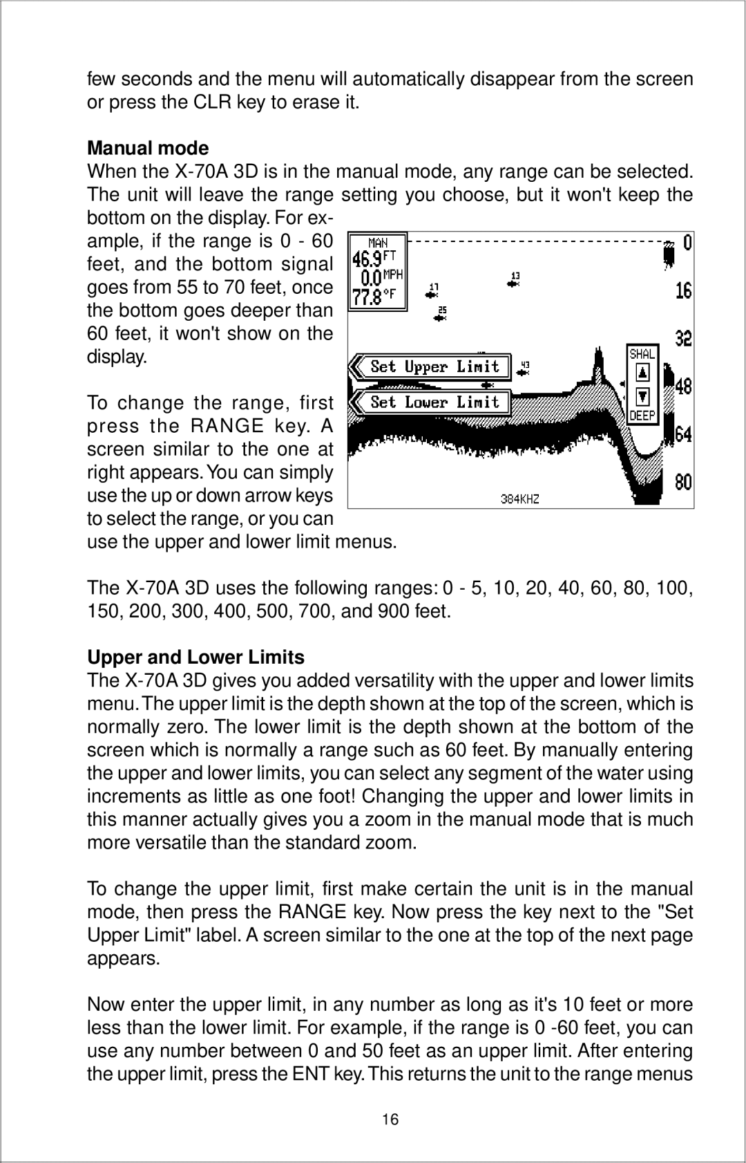 Lowrance electronic X-70A 3D manual Manual mode, Upper and Lower Limits 