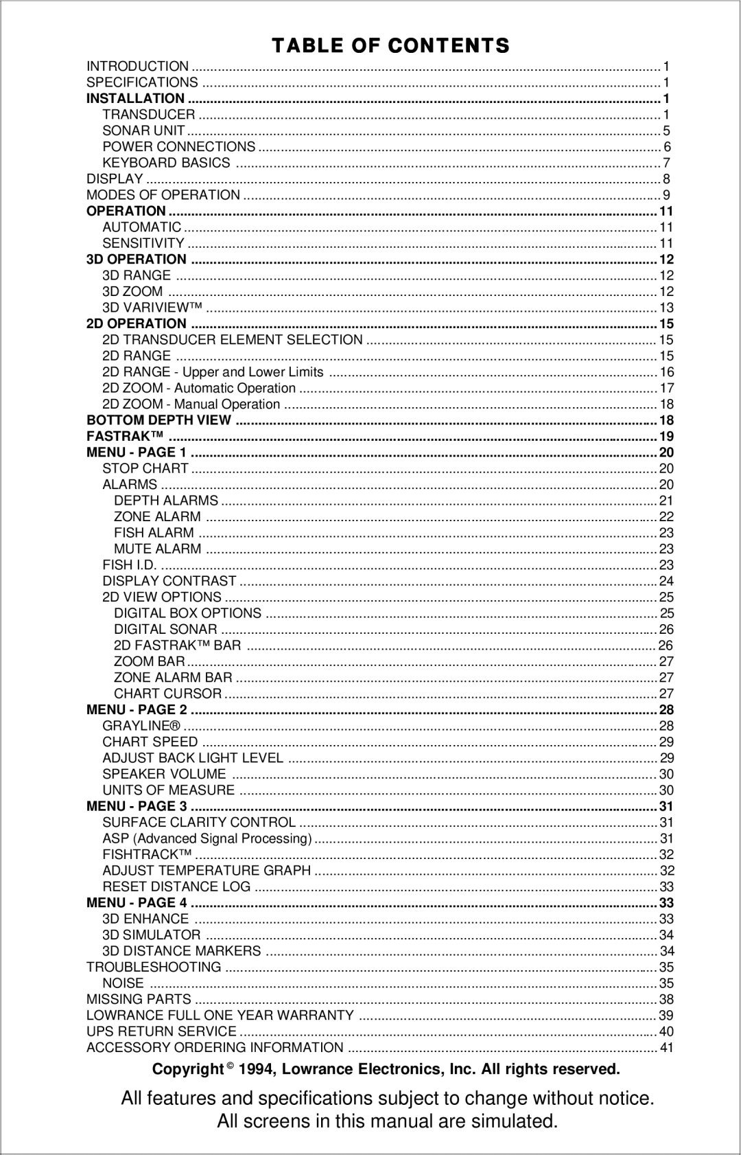 Lowrance electronic X-70A 3D manual Table of Contents 