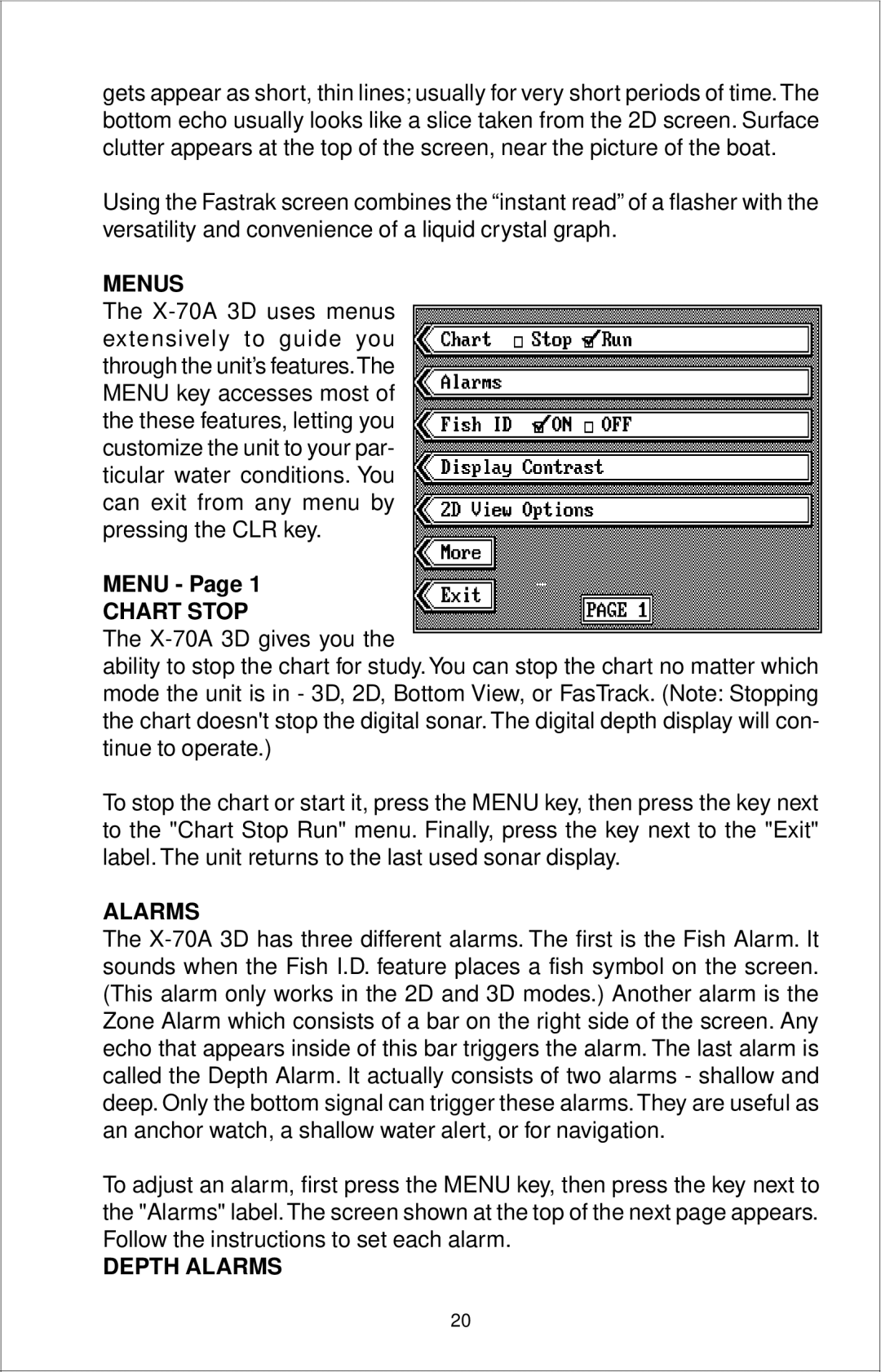 Lowrance electronic X-70A 3D manual Menus, Chart Stop, Depth Alarms 