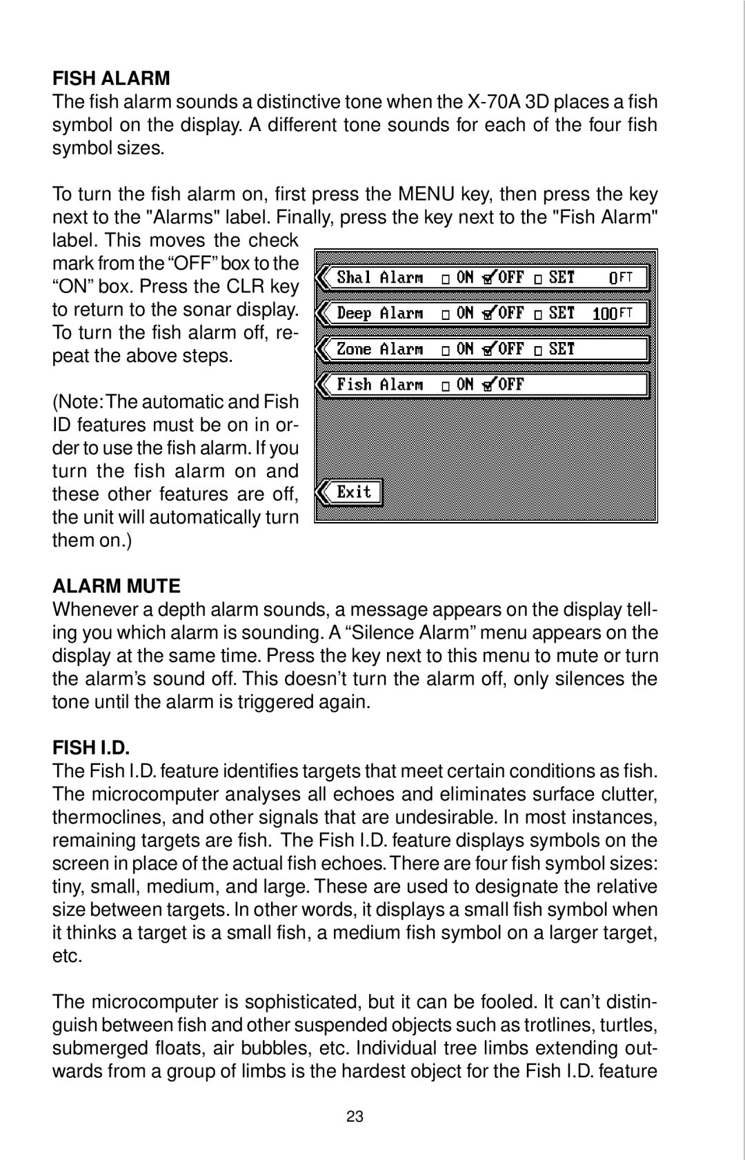 Lowrance electronic X-70A 3D manual Fish Alarm, Alarm Mute, Fish I.D 