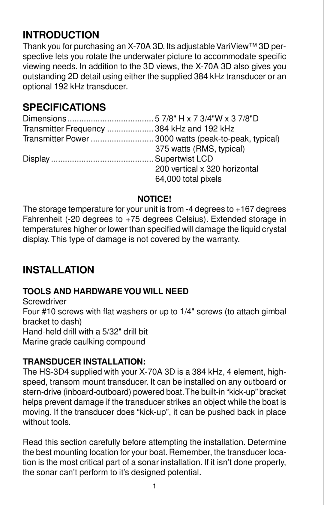 Lowrance electronic X-70A 3D manual Introduction, Specifications, Installation, Tools and Hardware YOU will Need 