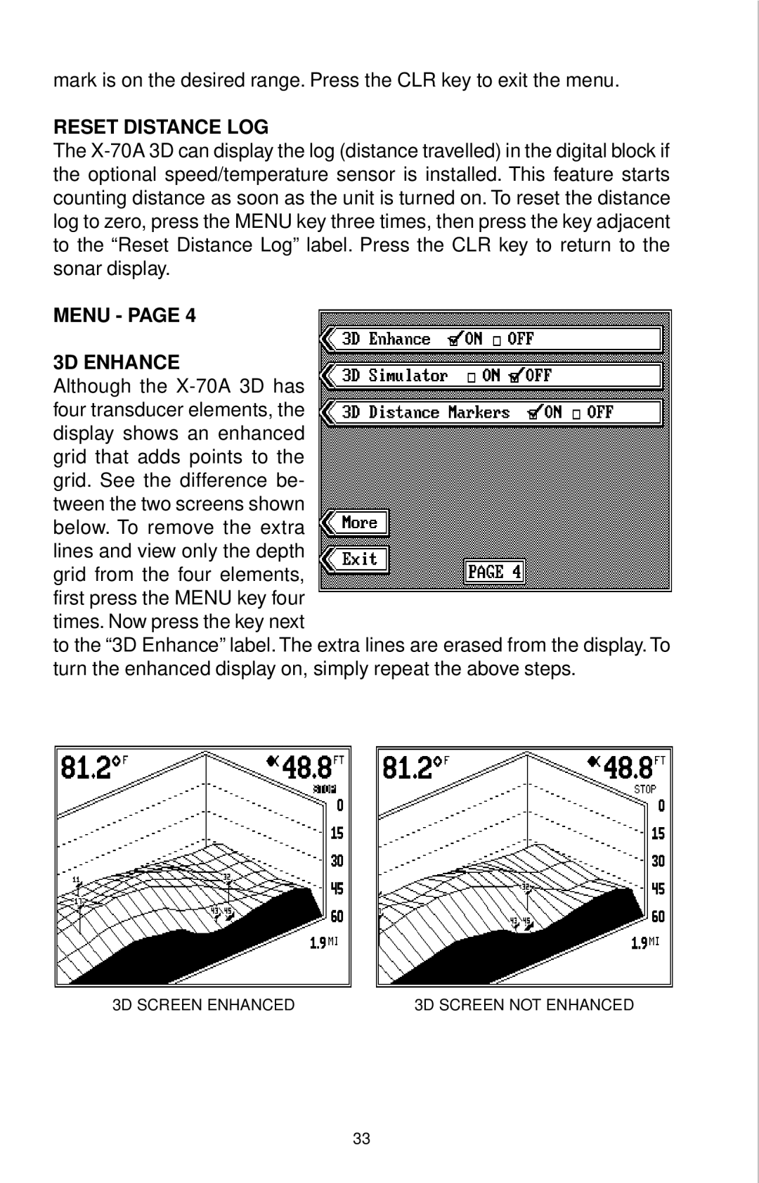 Lowrance electronic X-70A 3D manual Reset Distance LOG, Menu 3D Enhance 