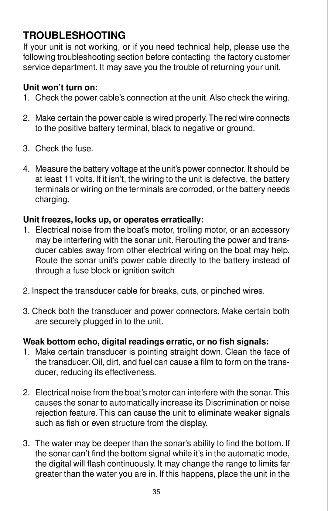 Lowrance electronic X-70A 3D manual Troubleshooting, Unit won’t turn on, Unit freezes, locks up, or operates erratically 