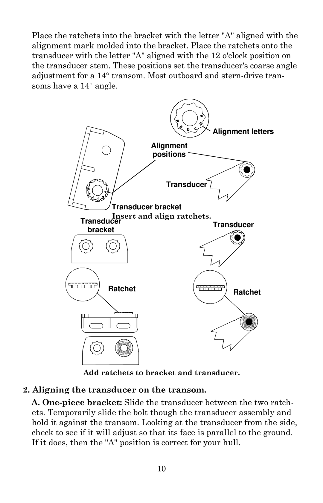 Lowrance electronic X100C, X105C DF manual Aligning the transducer on the transom, TransducerTransducer bracket Ratchet 