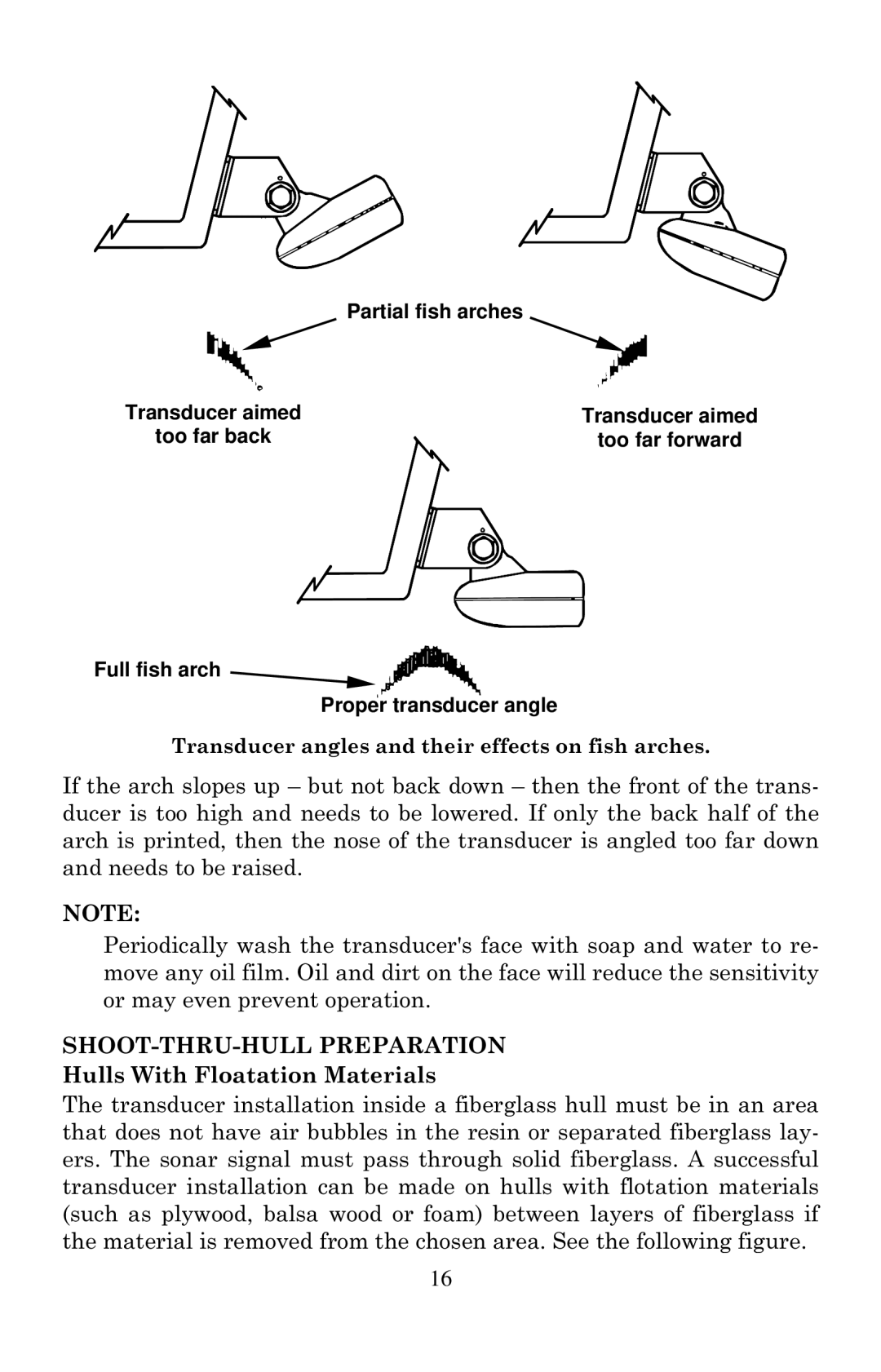 Lowrance electronic X100C, X105C DF manual Hulls With Floatation Materials, Partial fish arches, Transducer aimed 