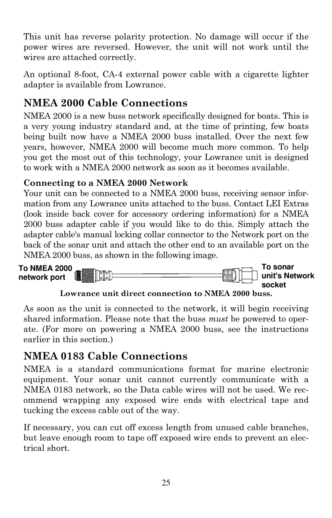 Lowrance electronic X105C DF Nmea 2000 Cable Connections, Nmea 0183 Cable Connections, Connecting to a Nmea 2000 Network 