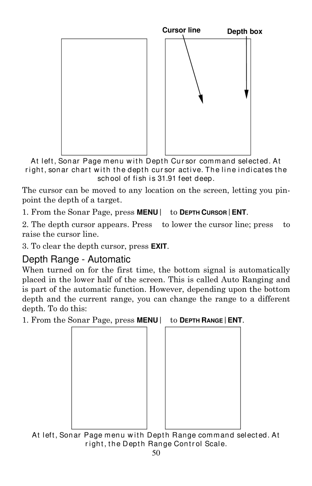 Lowrance electronic X100C, X105C DF manual Depth Range Automatic, Cursor line Depth box 
