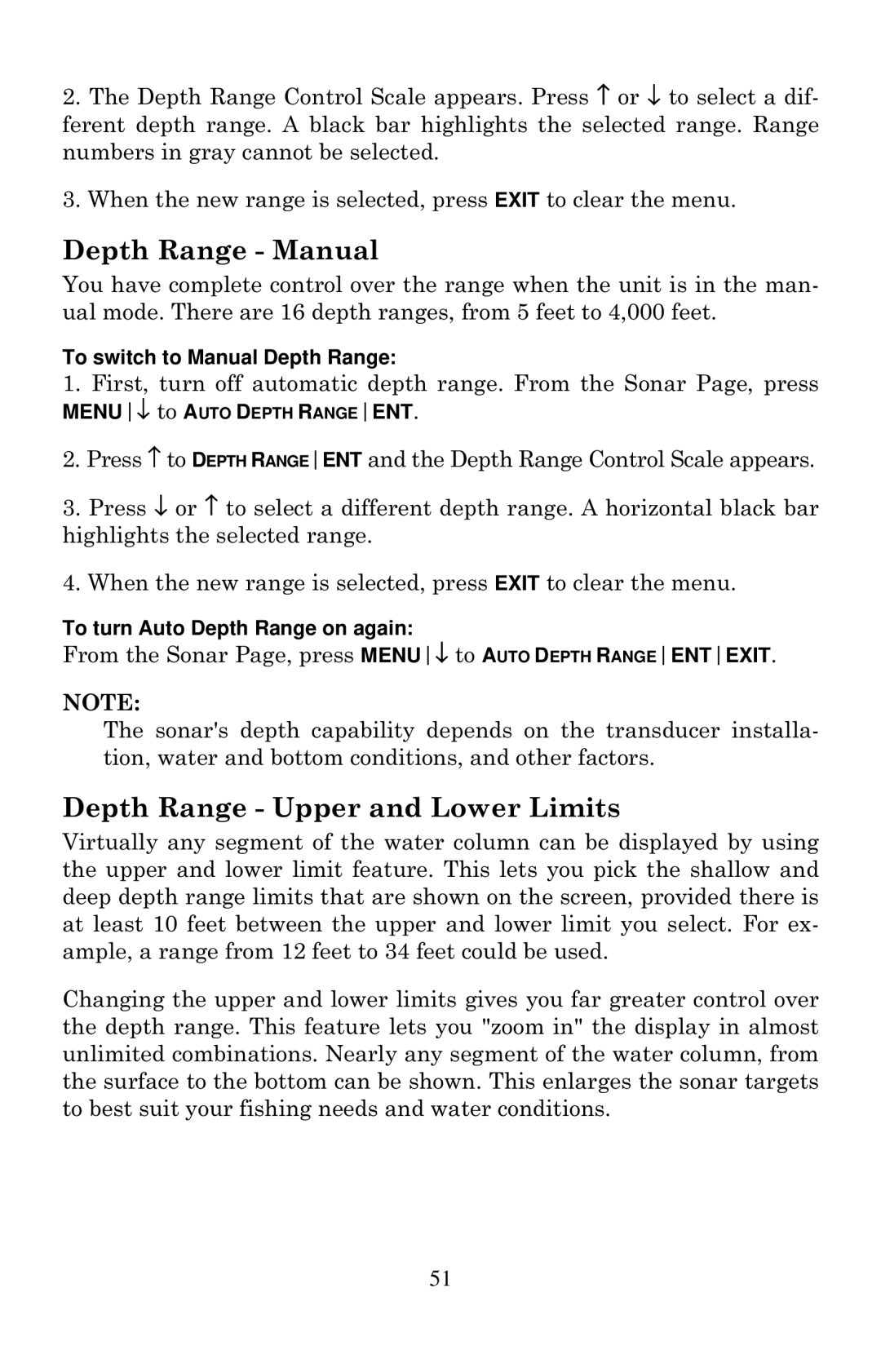 Lowrance electronic X105C DF manual Depth Range Manual, Depth Range Upper and Lower Limits, To switch to Manual Depth Range 