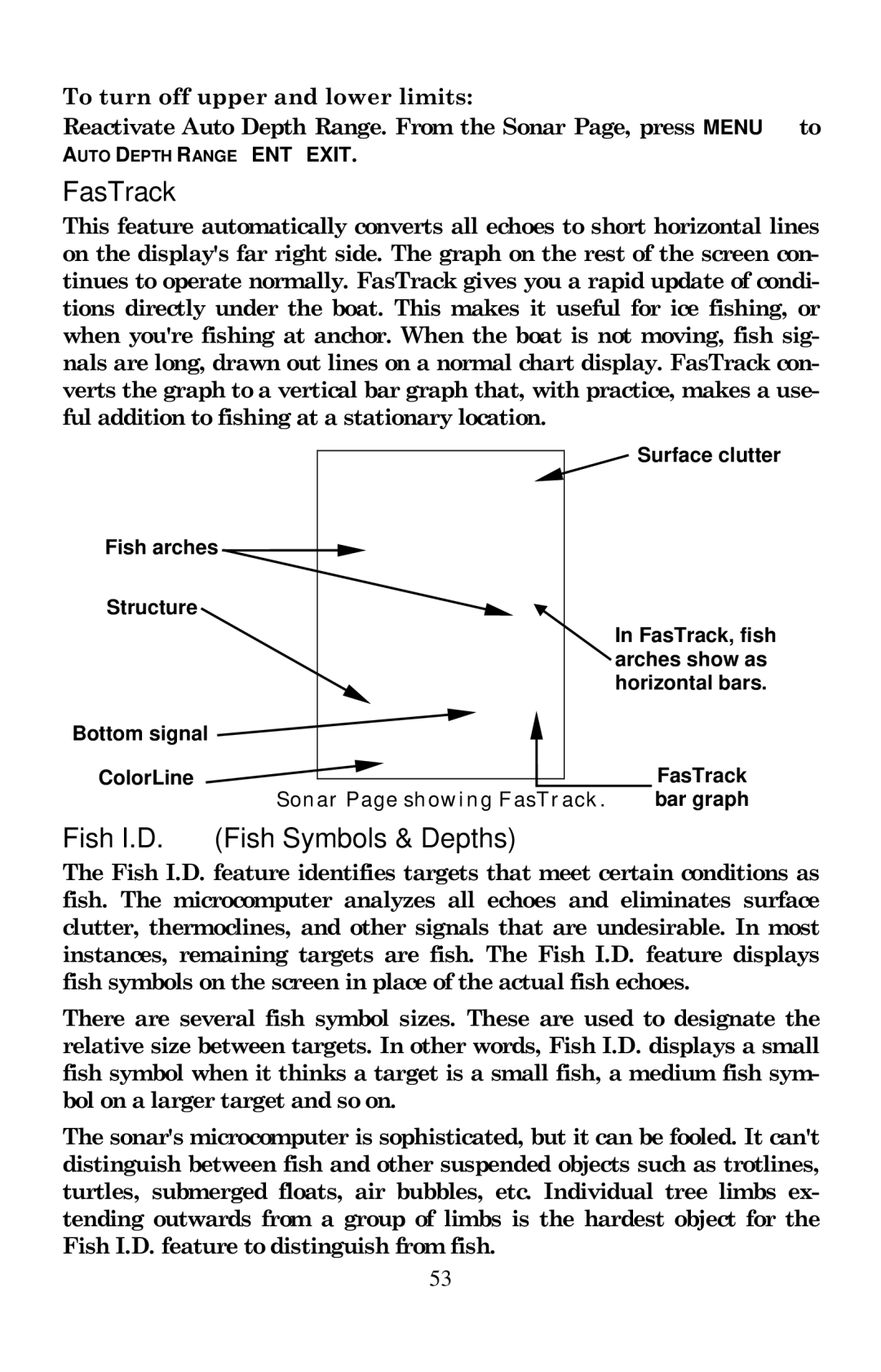 Lowrance electronic X105C DF, X100C manual FasTrack, Fish I.D. Fish Symbols & Depths, To turn off upper and lower limits 