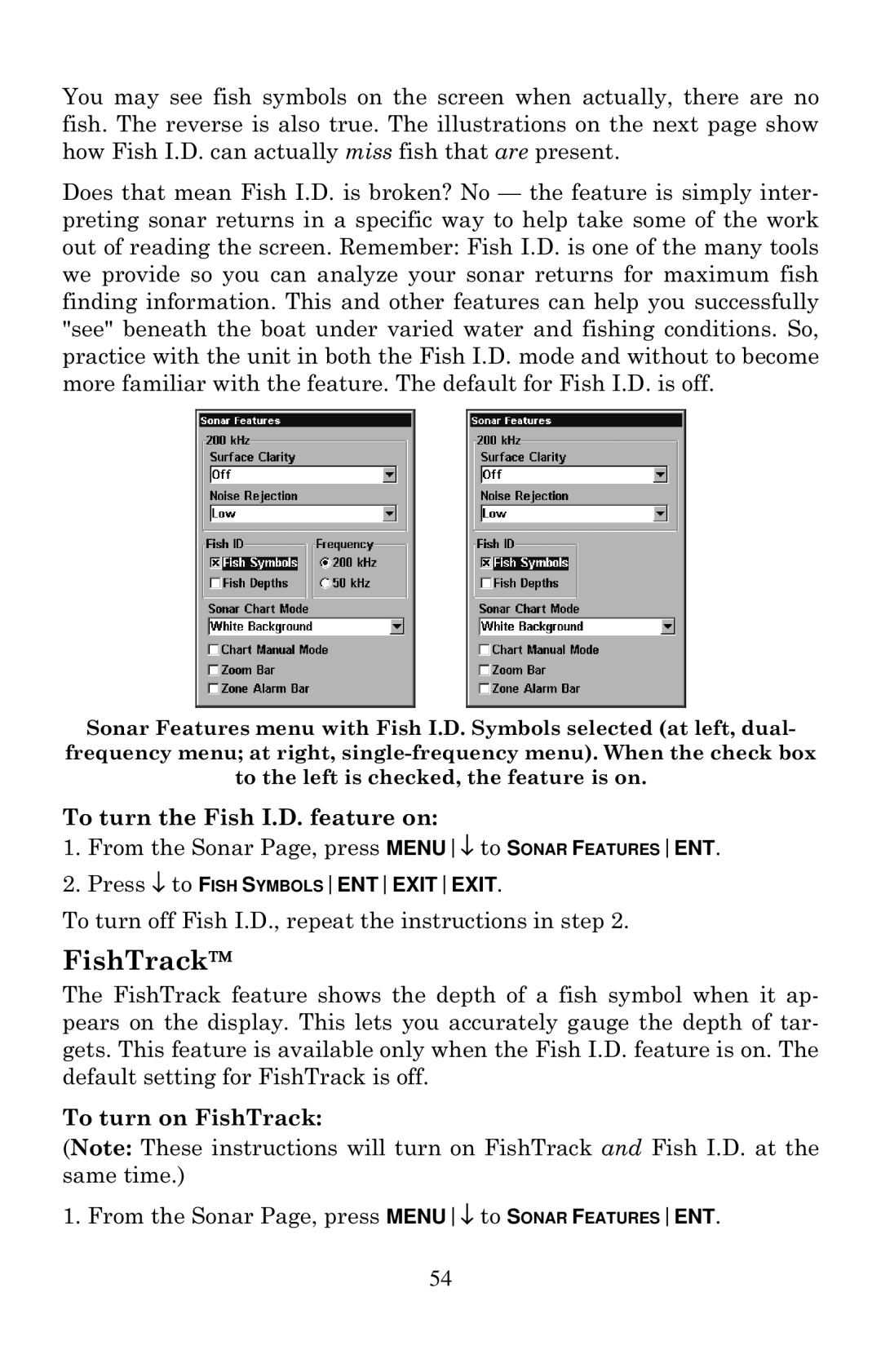 Lowrance electronic X100C, X105C DF manual FishTrack, To turn the Fish I.D. feature on, To turn on FishTrack 