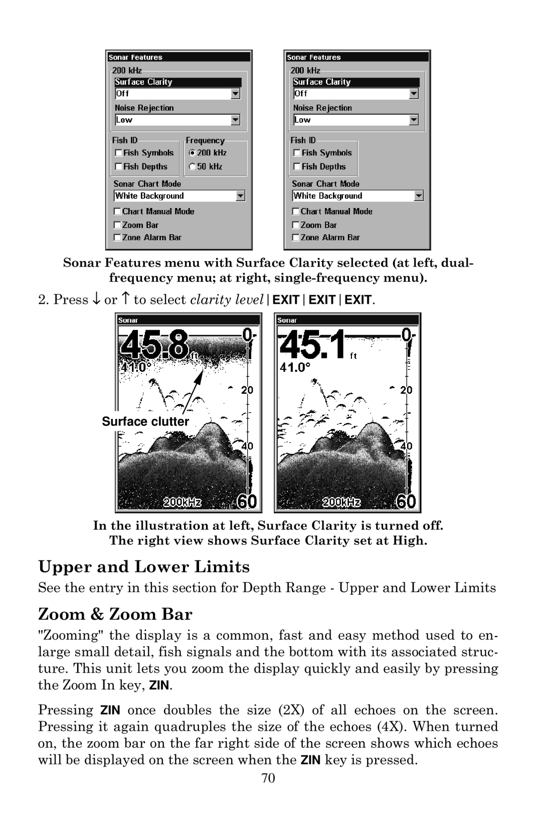 Lowrance electronic X100C, X105C DF manual Upper and Lower Limits, Zoom & Zoom Bar 