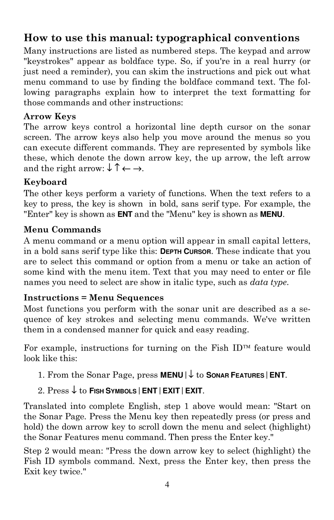 Lowrance electronic X100C, X105C DF How to use this manual typographical conventions, Arrow Keys, Keyboard, Menu Commands 