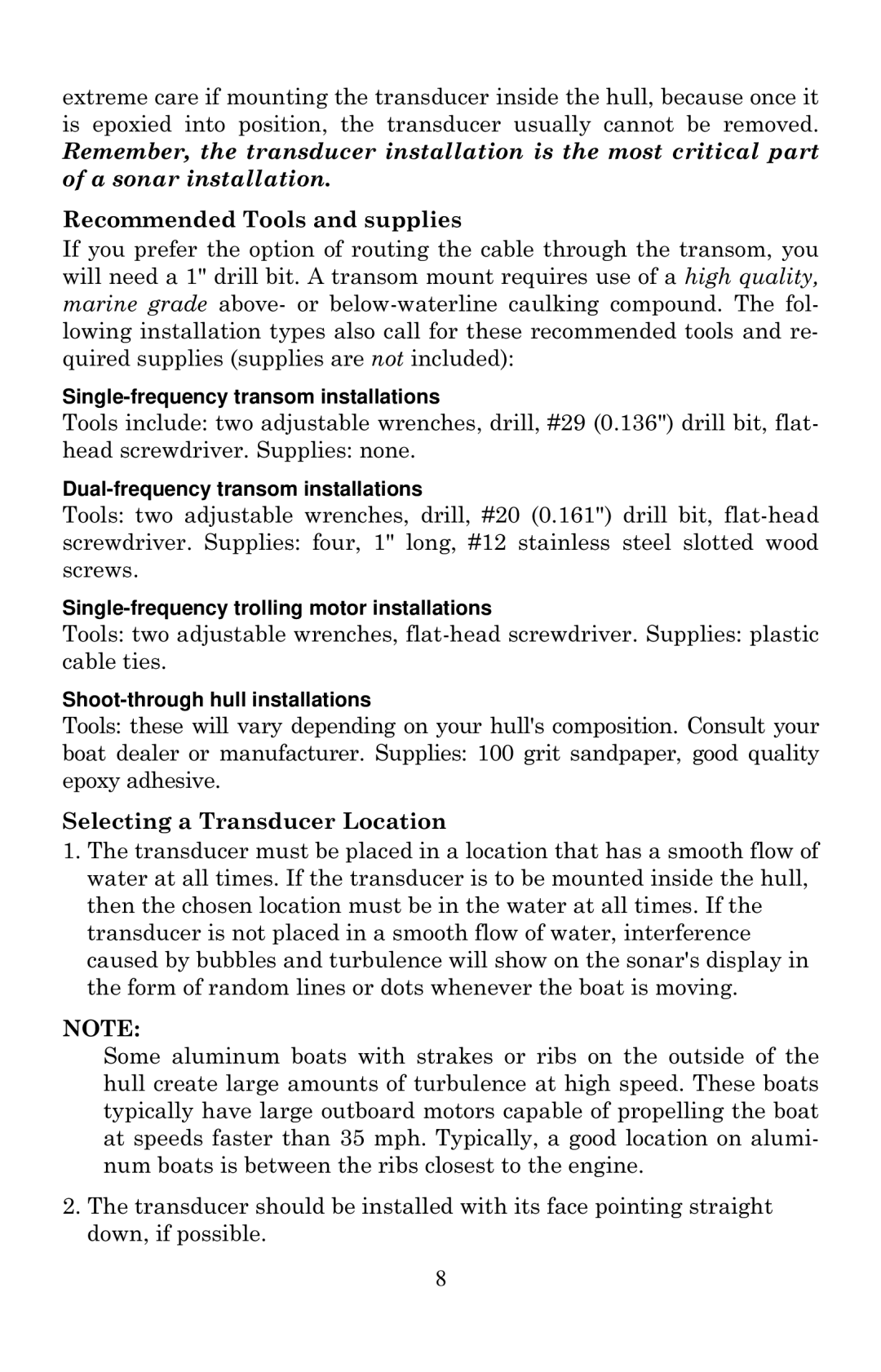 Lowrance electronic X135, X136DF, X125, X126DF manual Recommended Tools and supplies, Selecting a Transducer Location 
