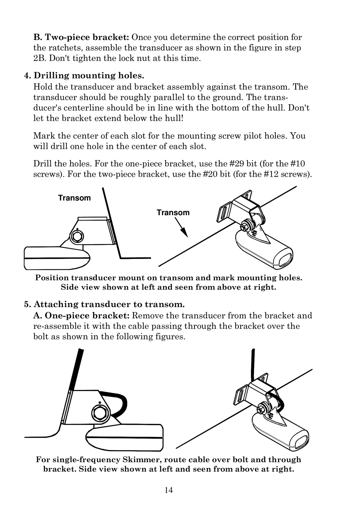 Lowrance electronic X125, X135, X136DF, X126DF manual Drilling mounting holes, Attaching transducer to transom, Transom 