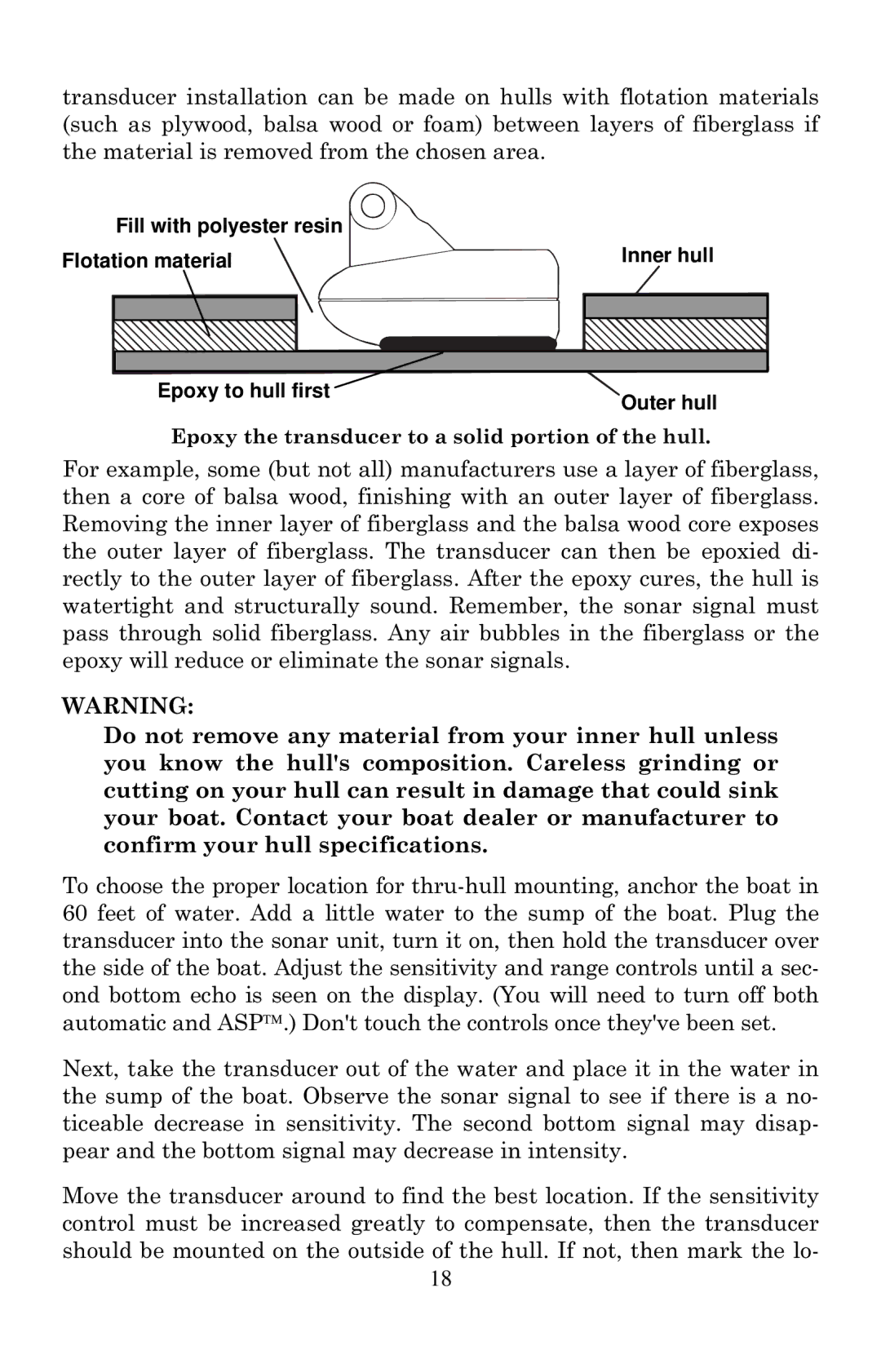Lowrance electronic X125, X135, X136DF, X126DF manual Epoxy the transducer to a solid portion of the hull 