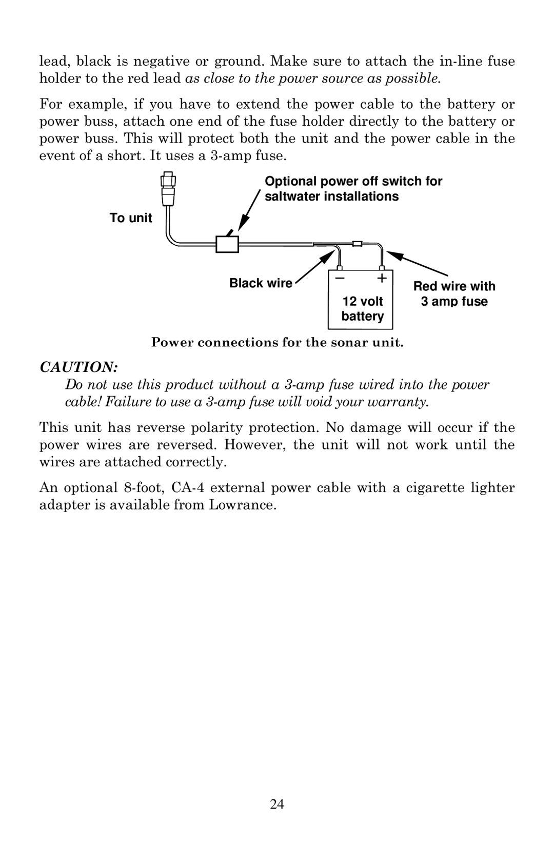 Lowrance electronic X135, X136DF, X125, X126DF manual Power connections for the sonar unit 