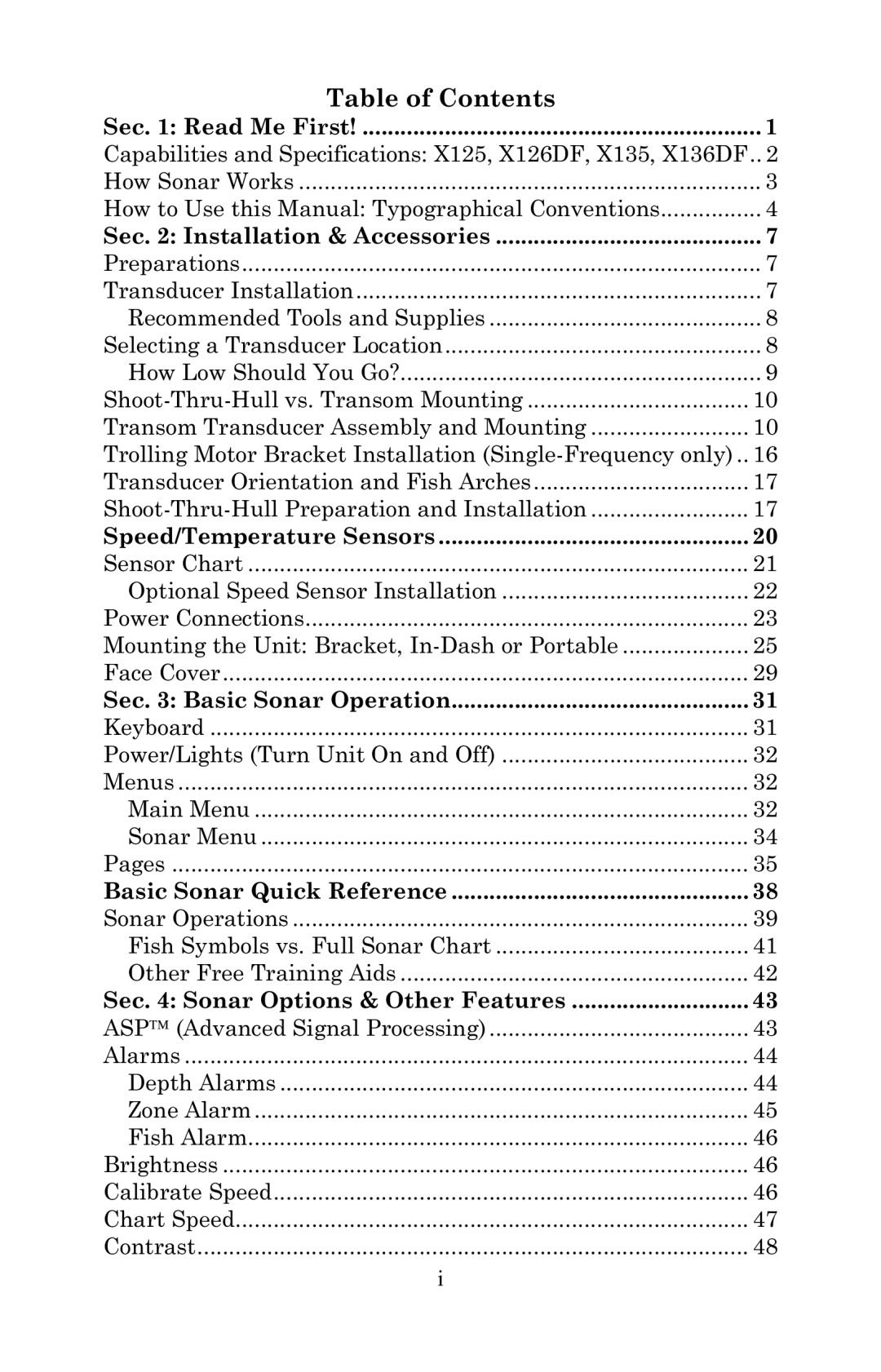 Lowrance electronic X126DF, X135, X136DF, X125 manual Table of Contents 