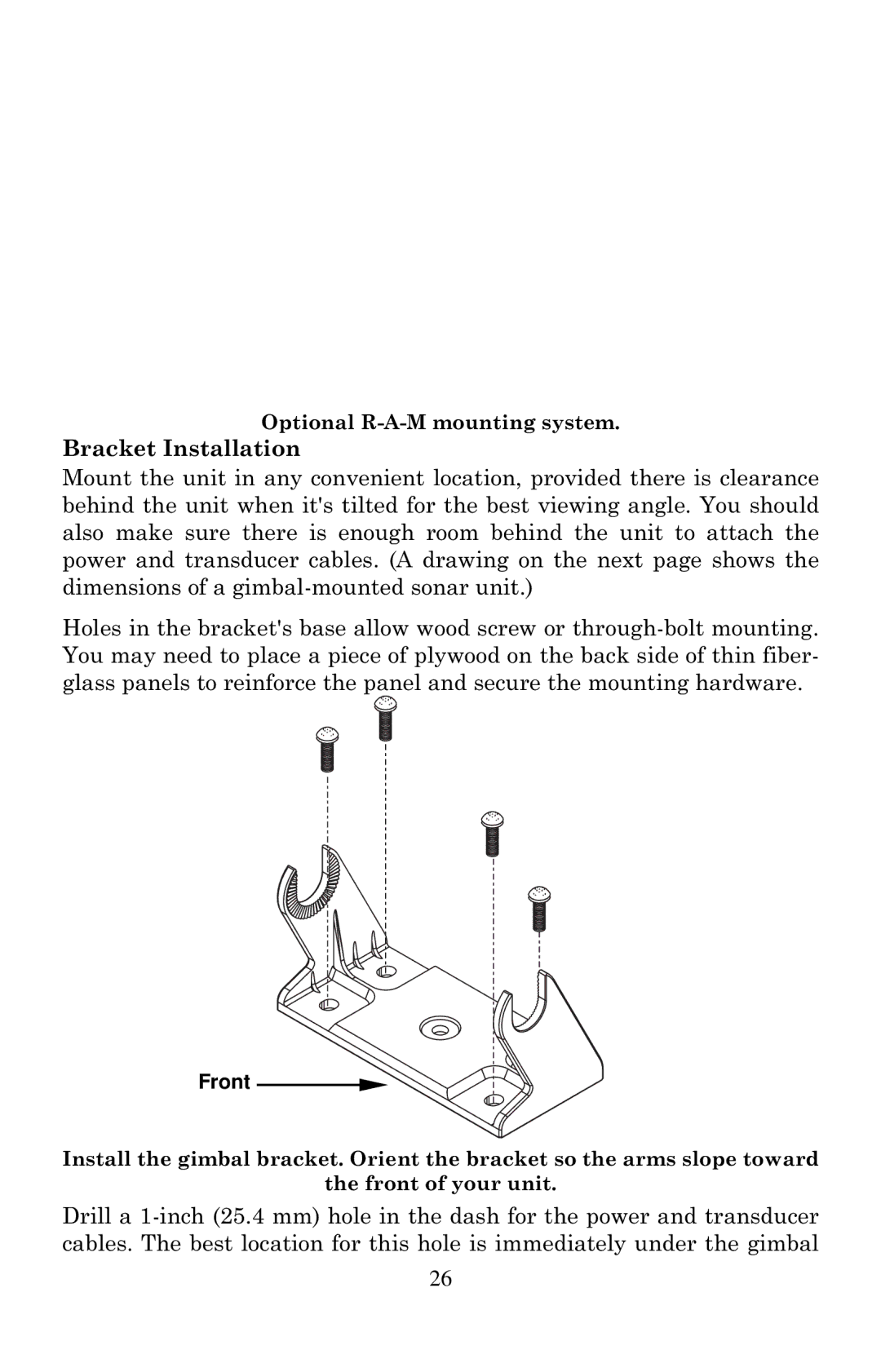 Lowrance electronic X125, X135, X136DF, X126DF manual Bracket Installation, Front 