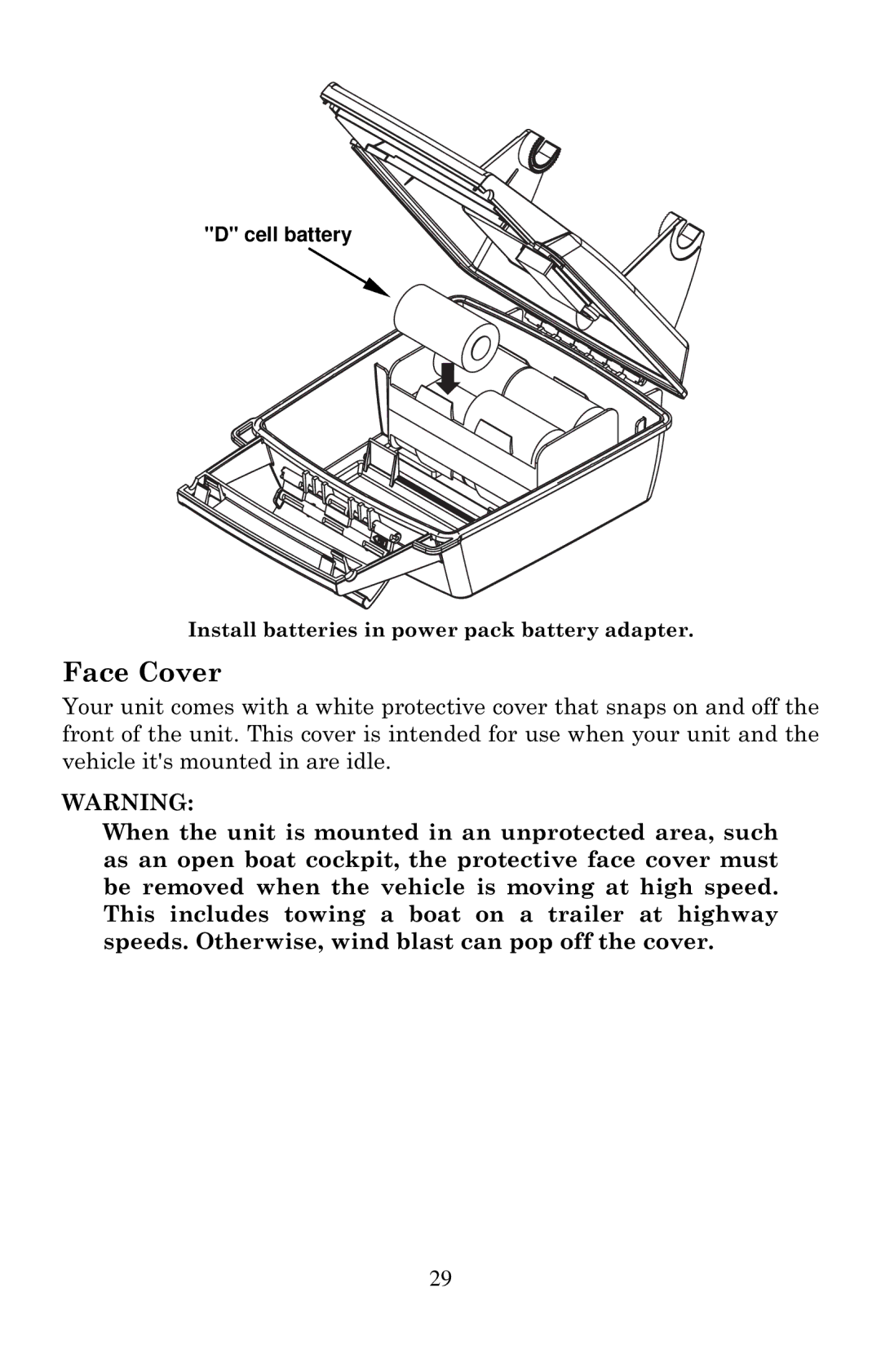 Lowrance electronic X136DF, X135, X125, X126DF manual Face Cover, Cell battery 