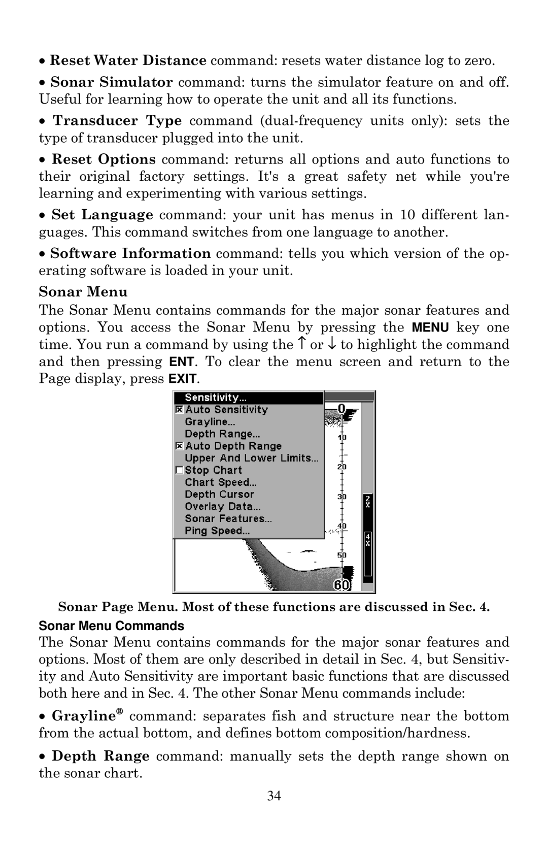 Lowrance electronic X125, X135, X136DF, X126DF manual Sonar Menu Commands 