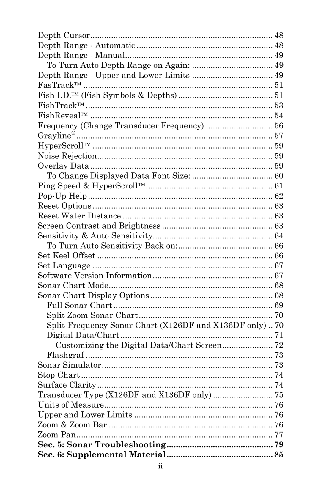 Lowrance electronic X135, X136DF, X125, X126DF manual Sec Sonar Troubleshooting Sec Supplemental Material 