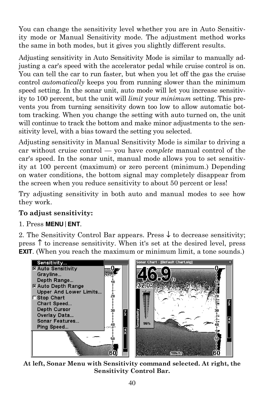 Lowrance electronic X135, X136DF, X125, X126DF manual To adjust sensitivity 