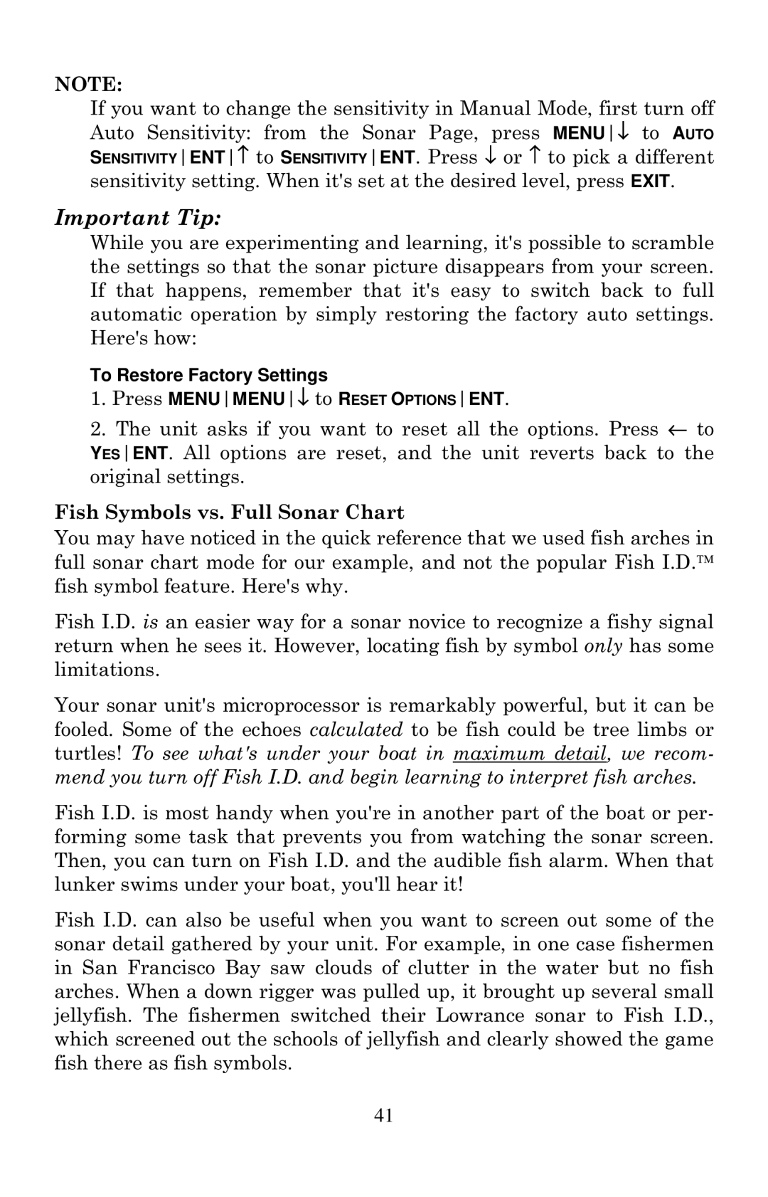 Lowrance electronic X136DF, X135, X125, X126DF manual Fish Symbols vs. Full Sonar Chart, To Restore Factory Settings 