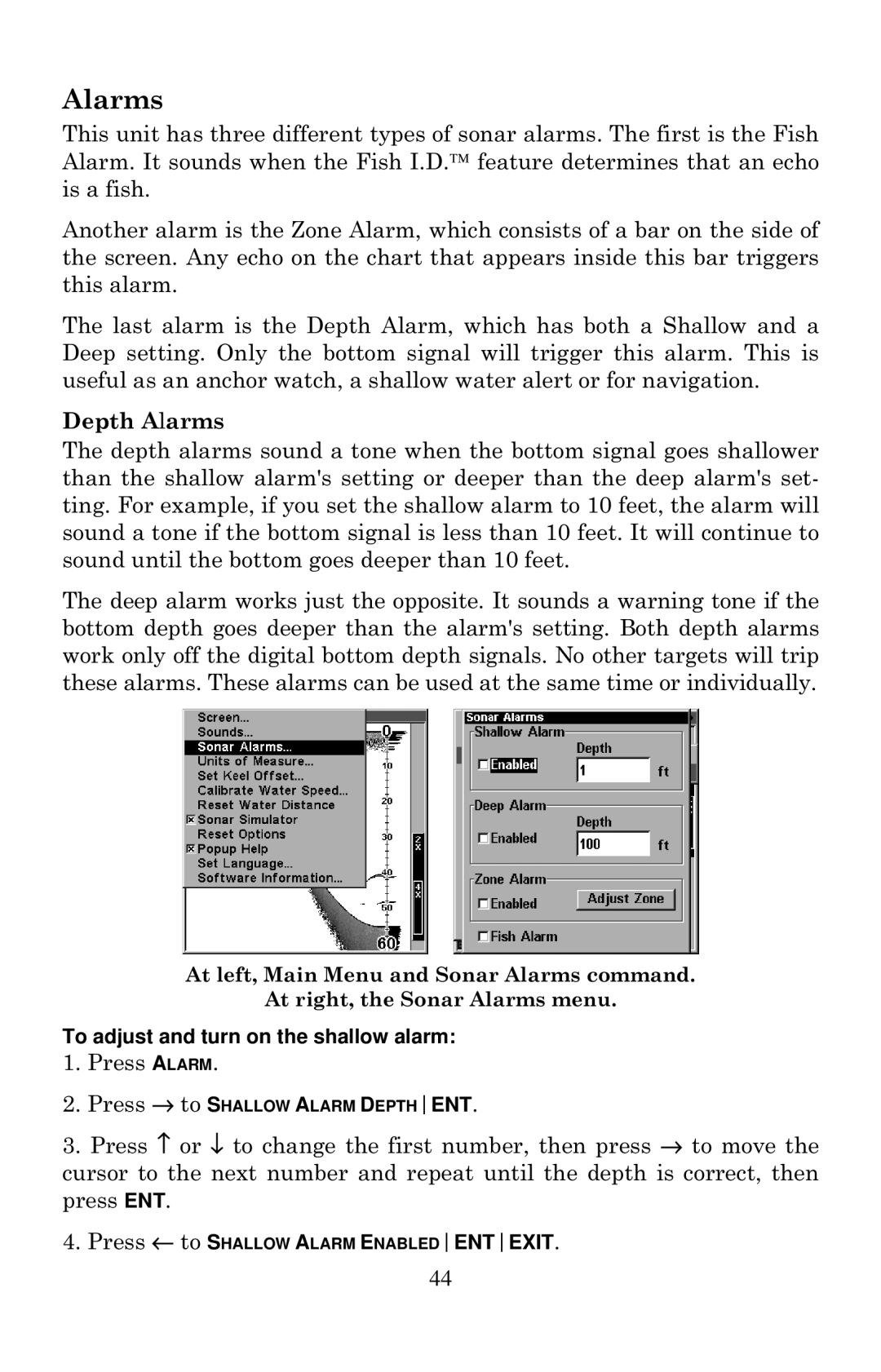 Lowrance electronic X135, X136DF, X125, X126DF manual Depth Alarms, To adjust and turn on the shallow alarm 