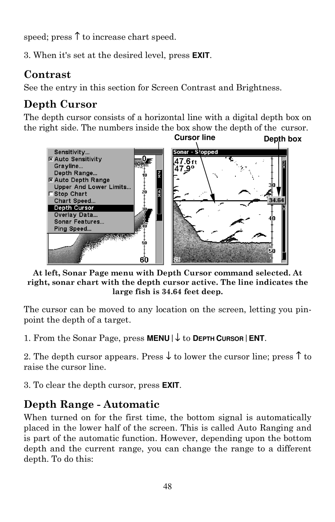 Lowrance electronic X135, X136DF, X125, X126DF manual Contrast, Depth Cursor, Depth Range Automatic, Cursor line Depth box 