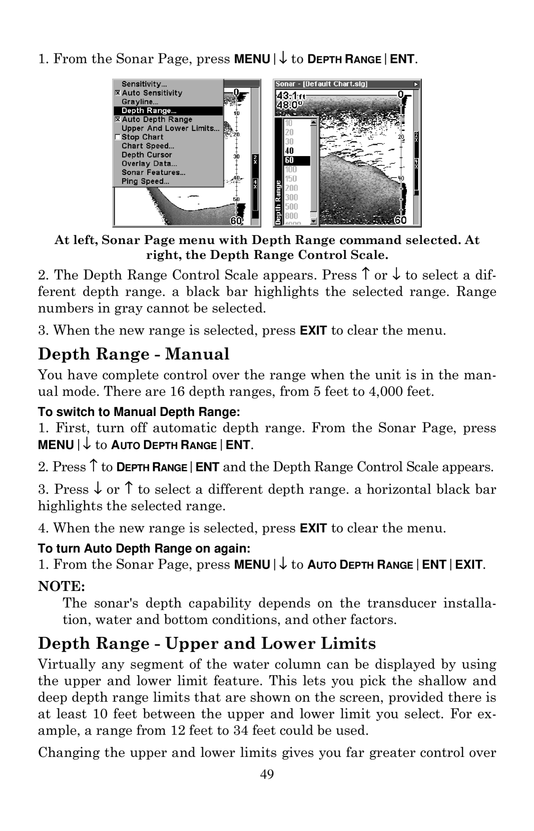 Lowrance electronic X136DF, X135 Depth Range Manual, Depth Range Upper and Lower Limits, To switch to Manual Depth Range 