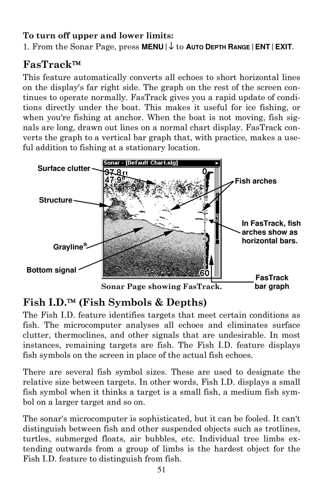 Lowrance electronic X126DF, X135, X136DF FasTrack, Fish I.D. Fish Symbols & Depths, To turn off upper and lower limits 