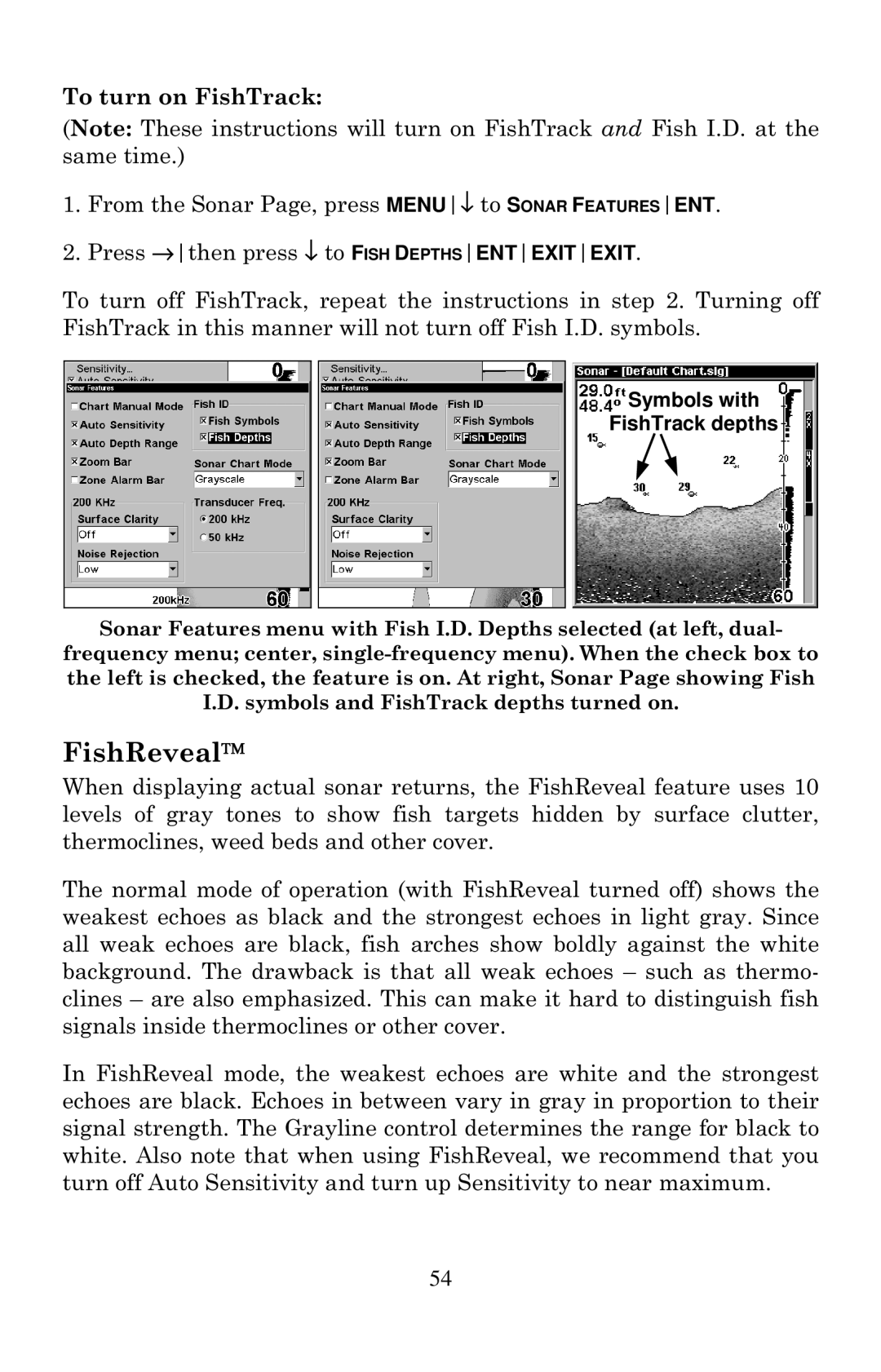 Lowrance electronic X125, X135, X136DF, X126DF manual FishReveal, To turn on FishTrack, Symbols with FishTrack depths 