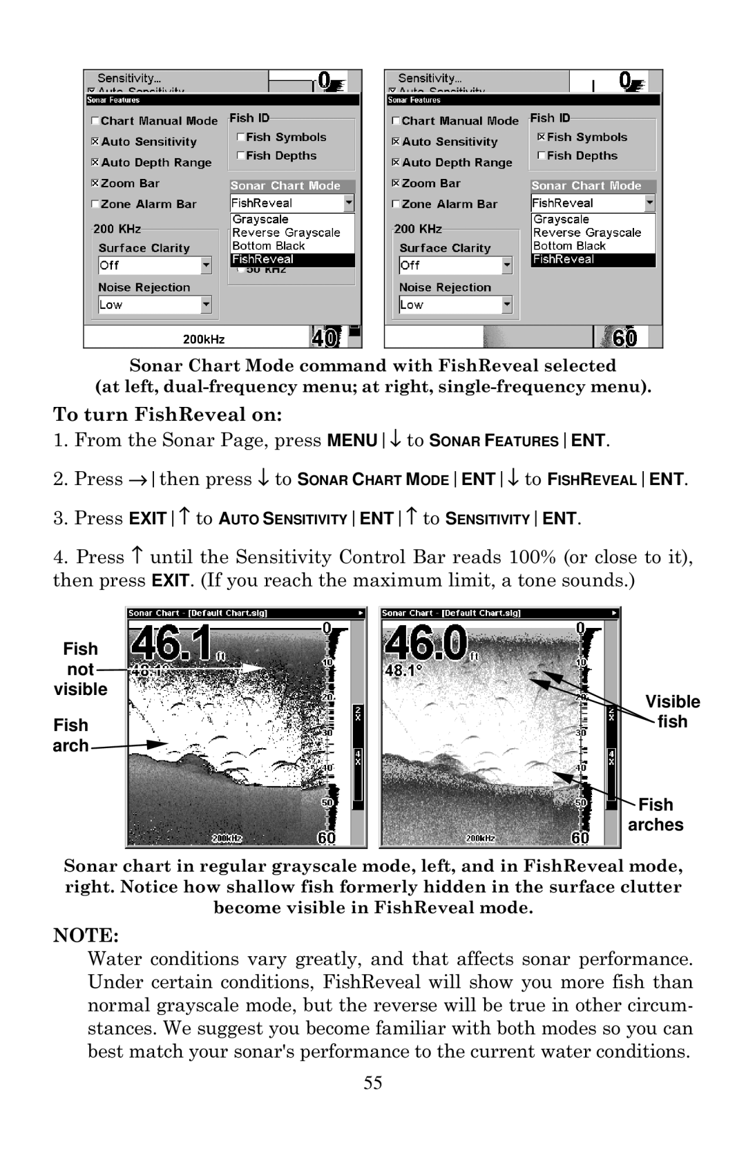 Lowrance electronic X126DF, X135, X136DF, X125 manual To turn FishReveal on, Fish Not Visible Fishfish arch Fish arches 