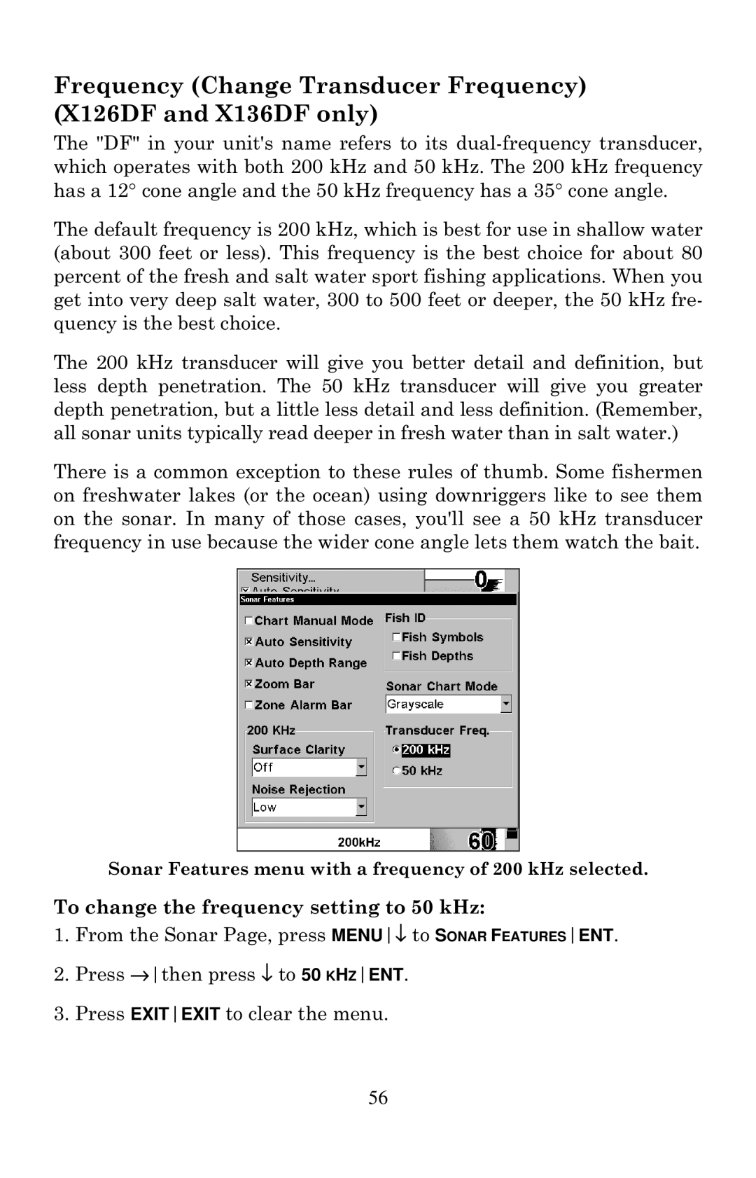 Lowrance electronic X135, X125 manual Frequency Change Transducer Frequency X126DF and X136DF only 