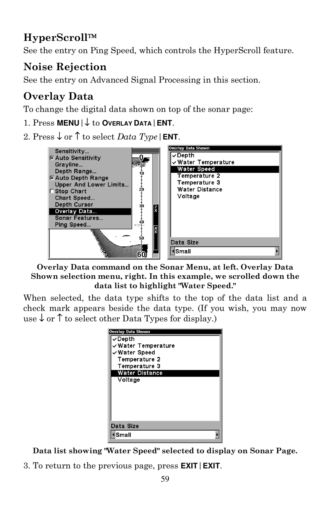 Lowrance electronic X126DF, X135, X136DF, X125 manual HyperScroll, Noise Rejection, Overlay Data 