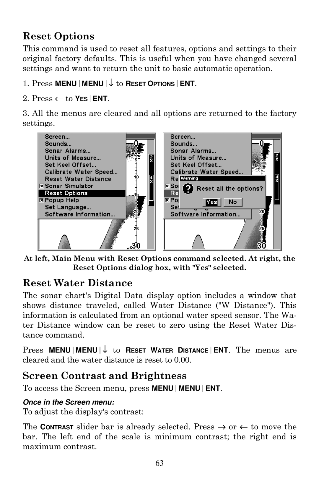 Lowrance electronic X126DF, X135, X136DF, X125 manual Reset Options, Reset Water Distance, Screen Contrast and Brightness 