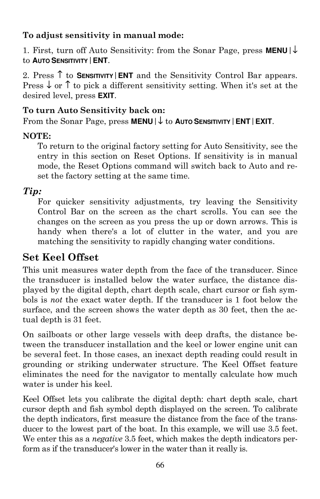 Lowrance electronic X125, X135 Set Keel Offset, To adjust sensitivity in manual mode, To turn Auto Sensitivity back on 