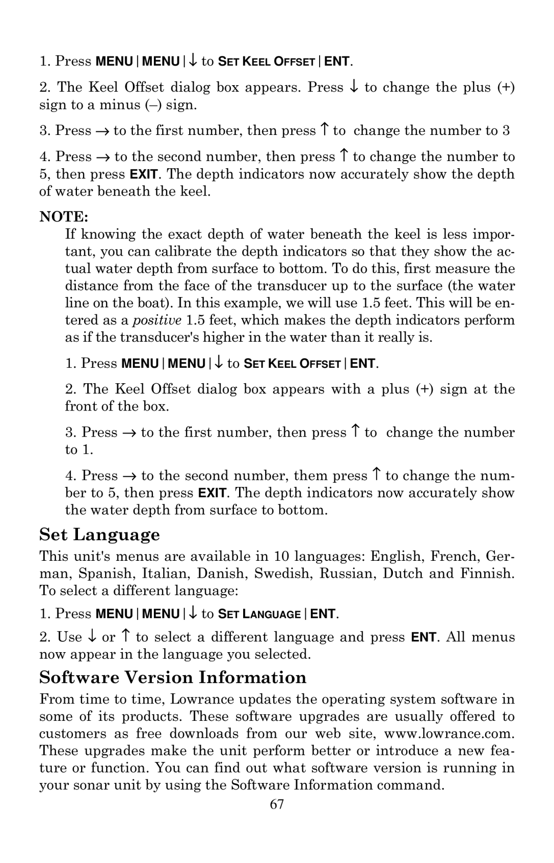 Lowrance electronic X126DF, X135, X136DF, X125 manual Set Language, Software Version Information 