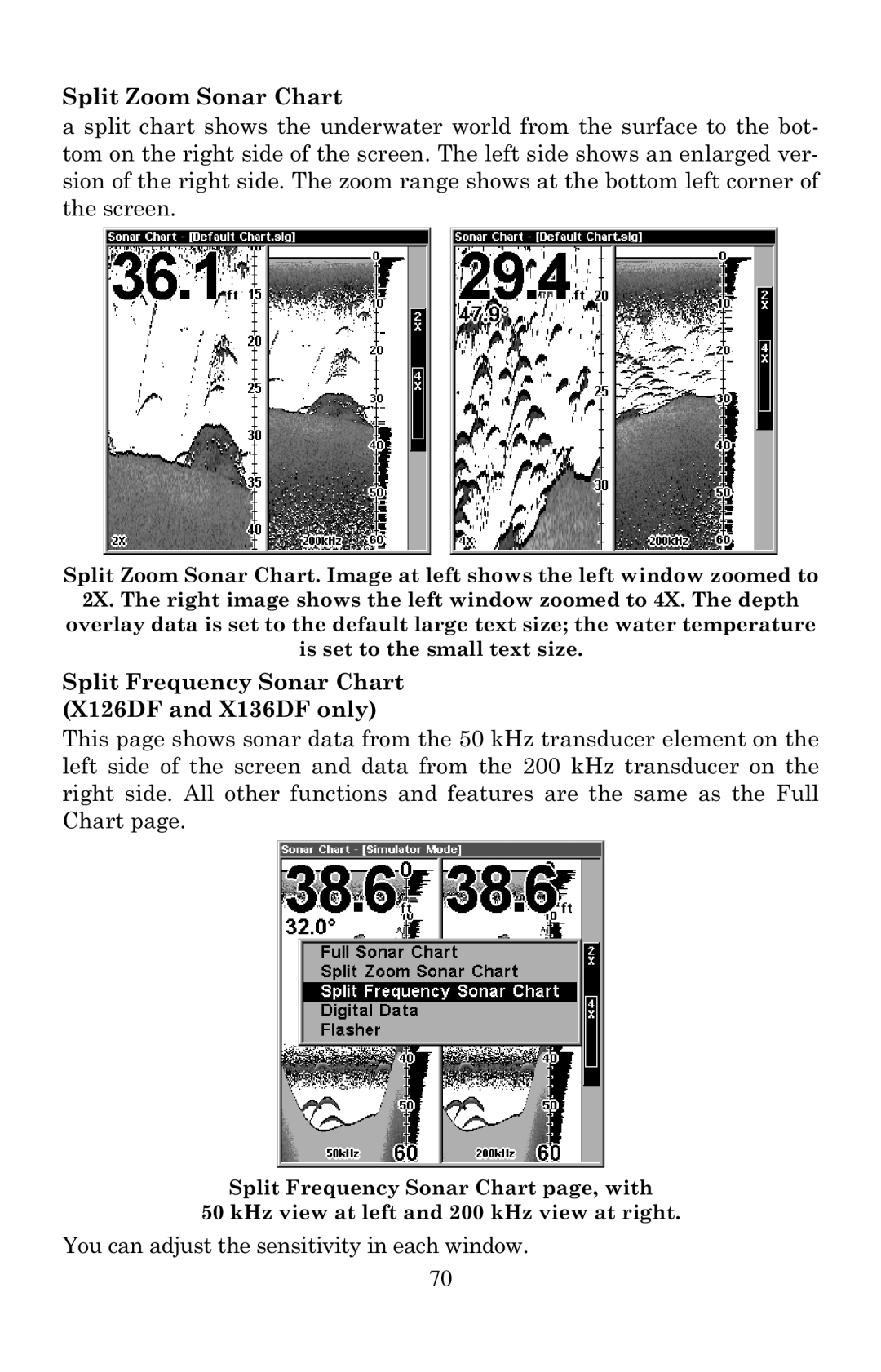 Lowrance electronic X125, X135 manual Split Zoom Sonar Chart, Split Frequency Sonar Chart X126DF and X136DF only 