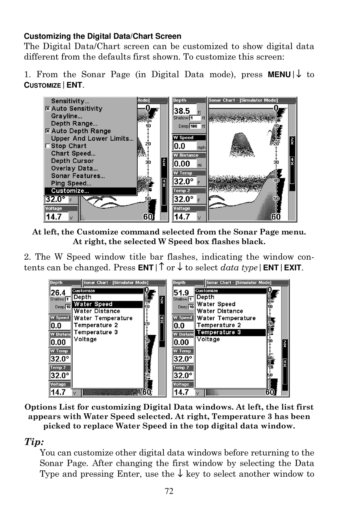 Lowrance electronic X135, X136DF, X125, X126DF manual Customizing the Digital Data/Chart Screen 