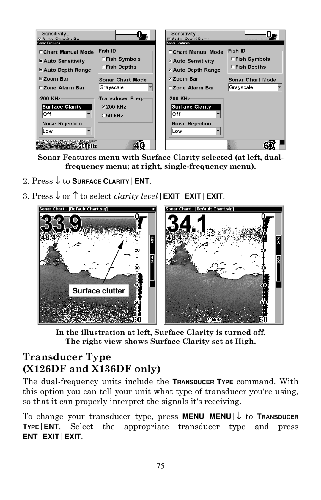 Lowrance electronic X135, X125 manual Transducer Type X126DF and X136DF only, Surface clutter 