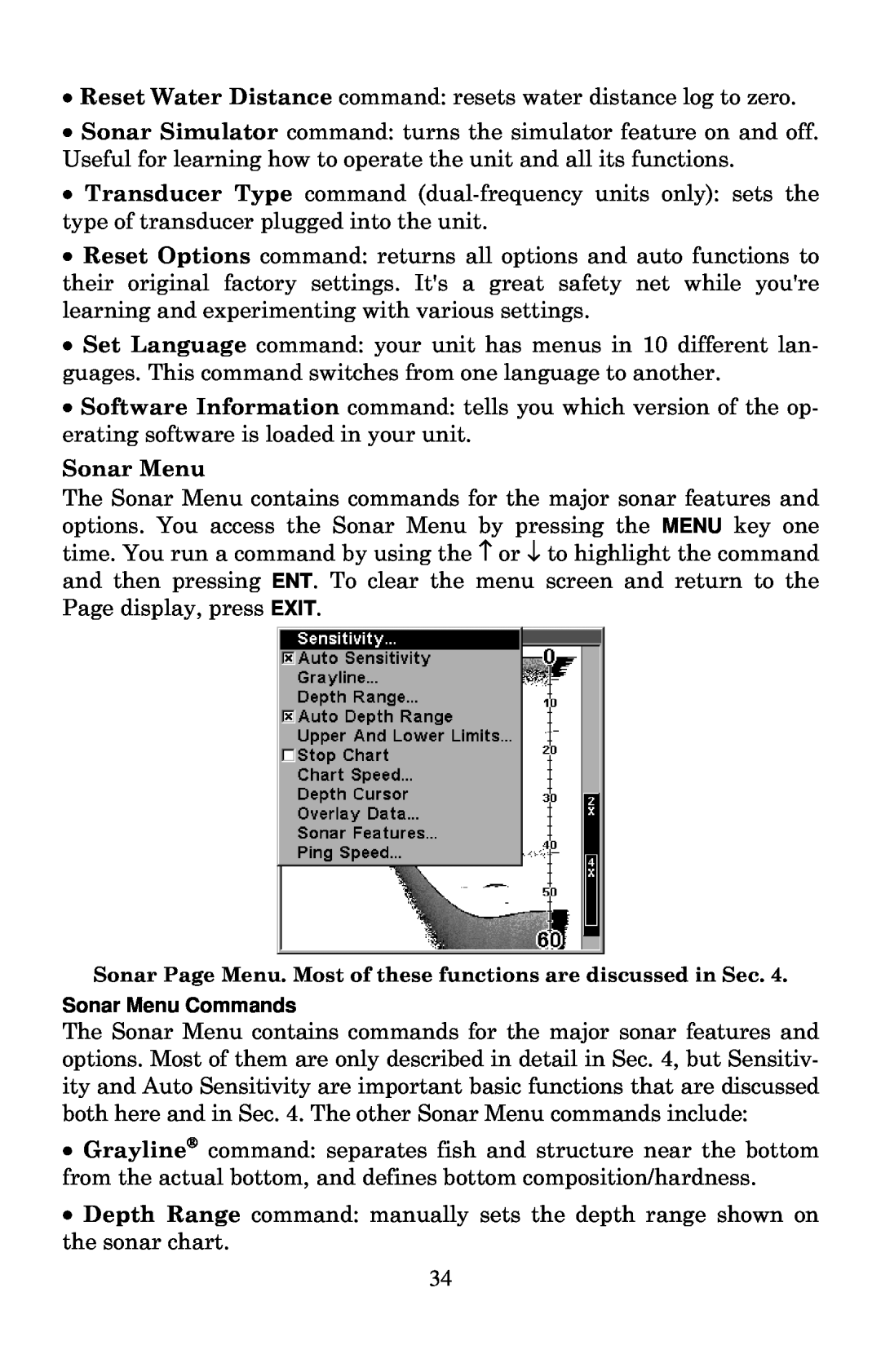 Lowrance electronic X125, X135, X136DF, X126DF manual Sonar Menu 