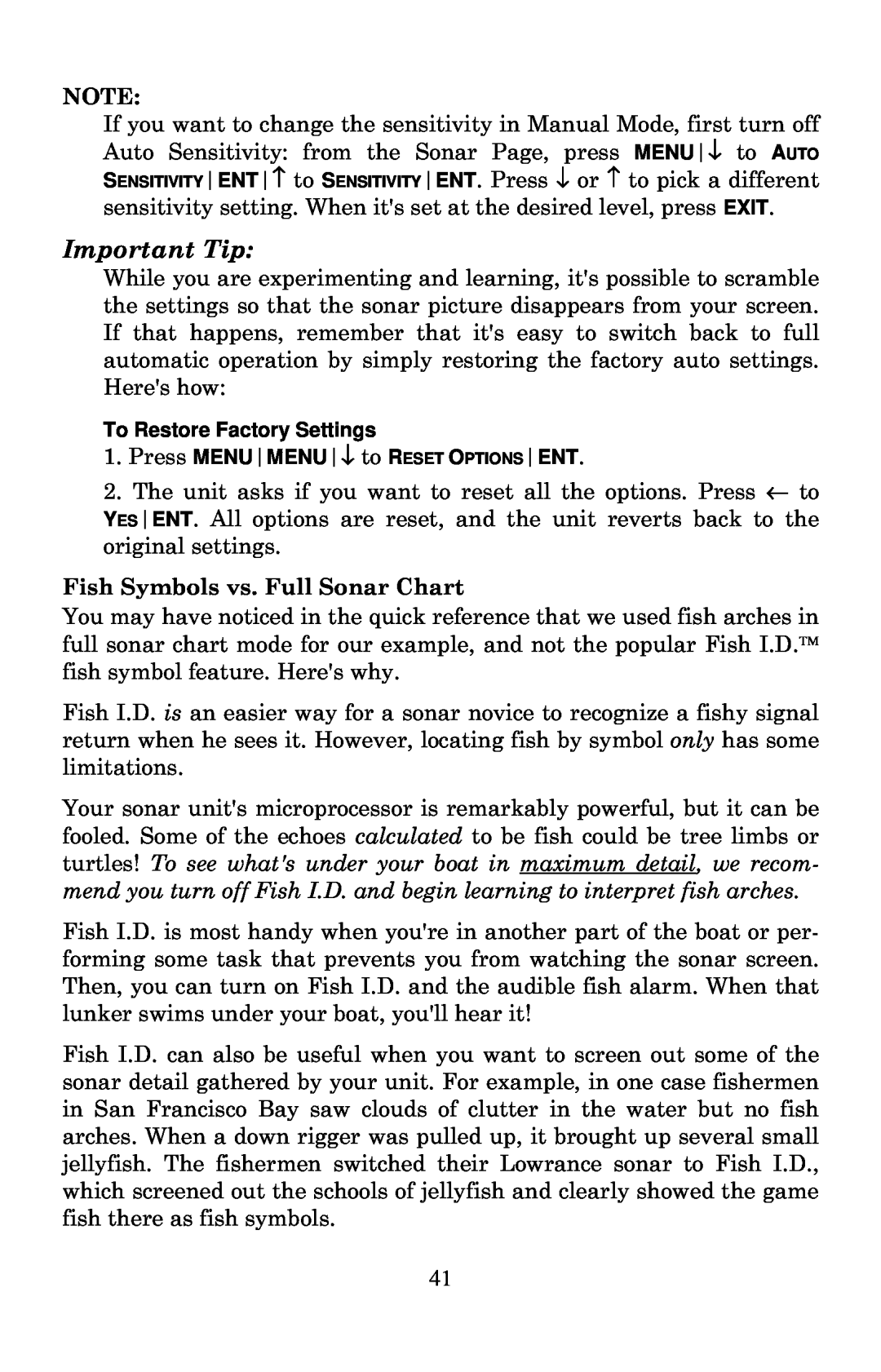 Lowrance electronic X136DF, X135, X125, X126DF manual Important Tip, Fish Symbols vs. Full Sonar Chart 