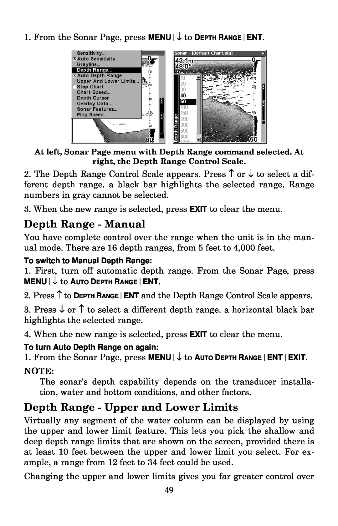 Lowrance electronic X136DF, X135, X125, X126DF manual Depth Range - Manual, Depth Range - Upper and Lower Limits 