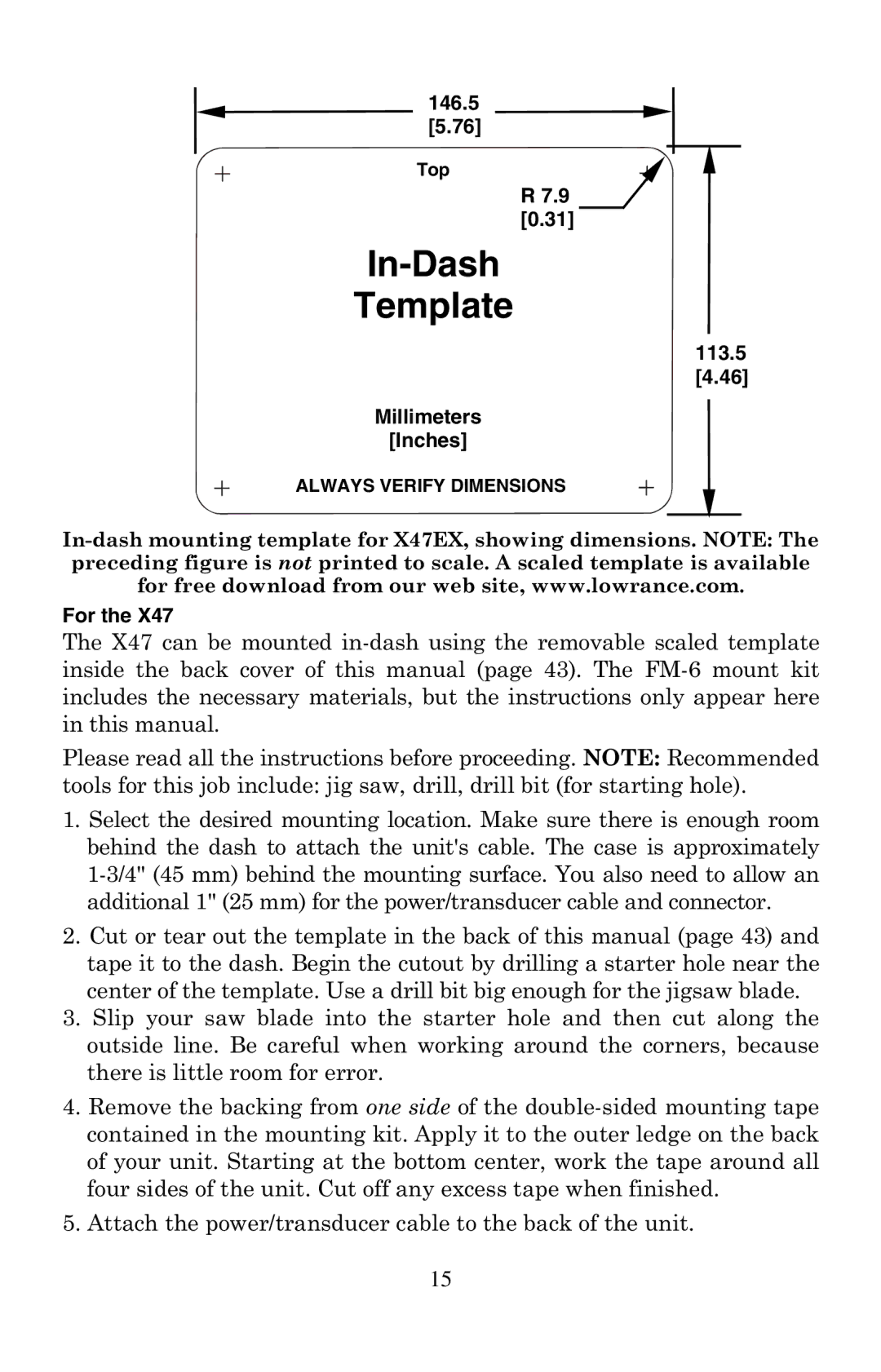Lowrance electronic X47EX manual 146.5, Millimeters Inches, For 