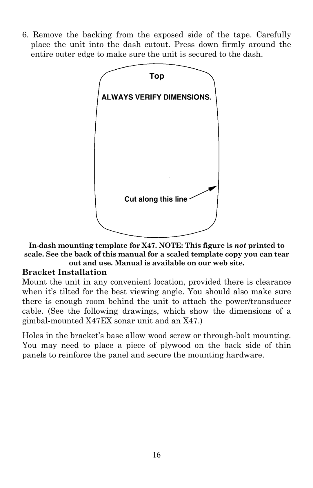 Lowrance electronic X47EX manual Top, Cut along this line 