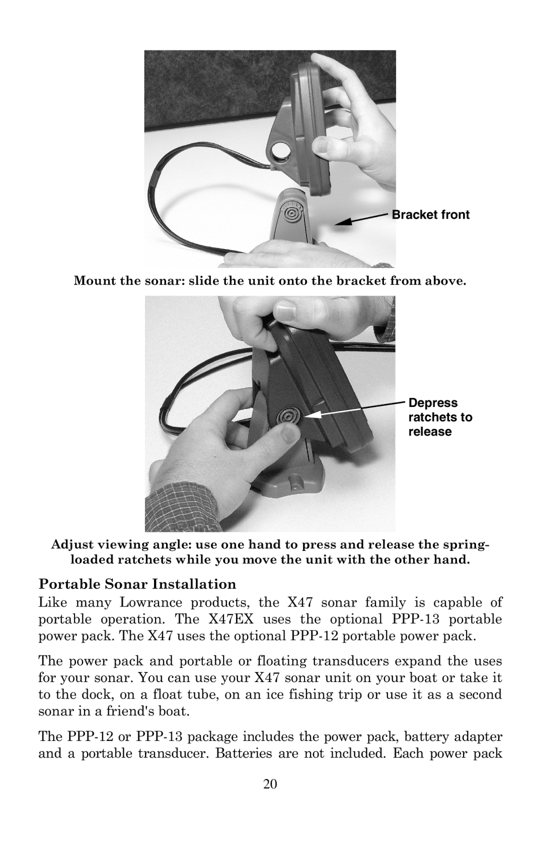 Lowrance electronic X47EX manual Bracket front, Depress ratchets to release 
