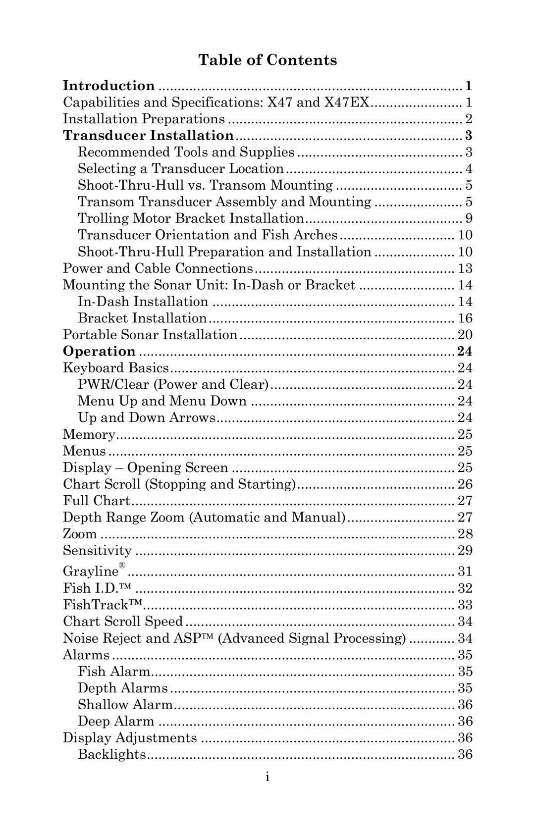 Lowrance electronic X47EX manual Table of Contents 
